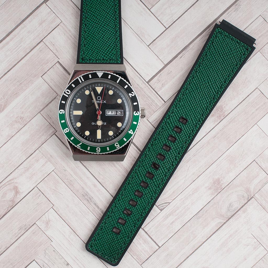 StrapHabit Ersatz-Uhrenarmband für Q Timex, passend für 36 mm, 38 mm, 40 mm, M79, GMT, Chronograph – TQ18 Schnellverschluss-Lederarmband & FKM-Gummi-Hybrid, 18 mm