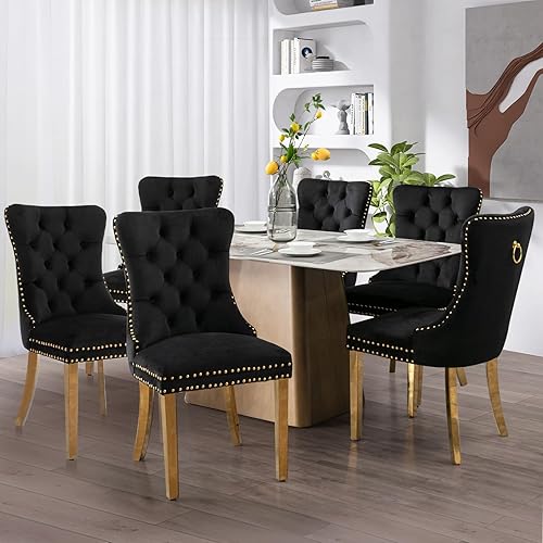 Miniatura 3 de SoarFlash Juego de 6 sillas de comedor de terciopelo, sillas de comedor tapizadas con ribete de cabeza de clavo y patas chapadas en oro sólido para