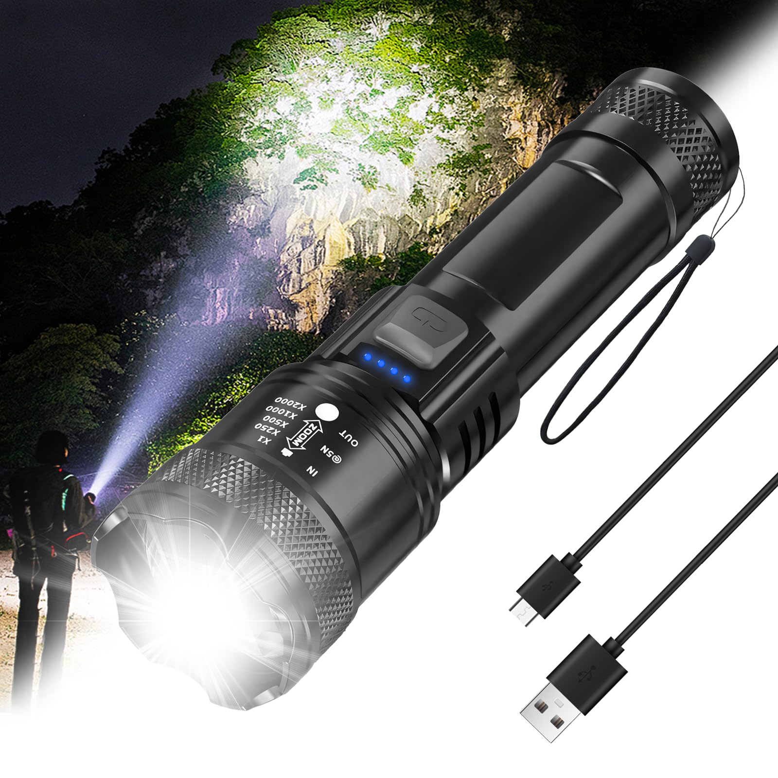 Noaya Powerful Led Rechargeable Torch - Portable Waterproof Torches Led Super Bright, Adjustable Focus Flashlight Tactical Torch with 3 Modes for Hiking/Walking/Camping/Fishing/Emergency