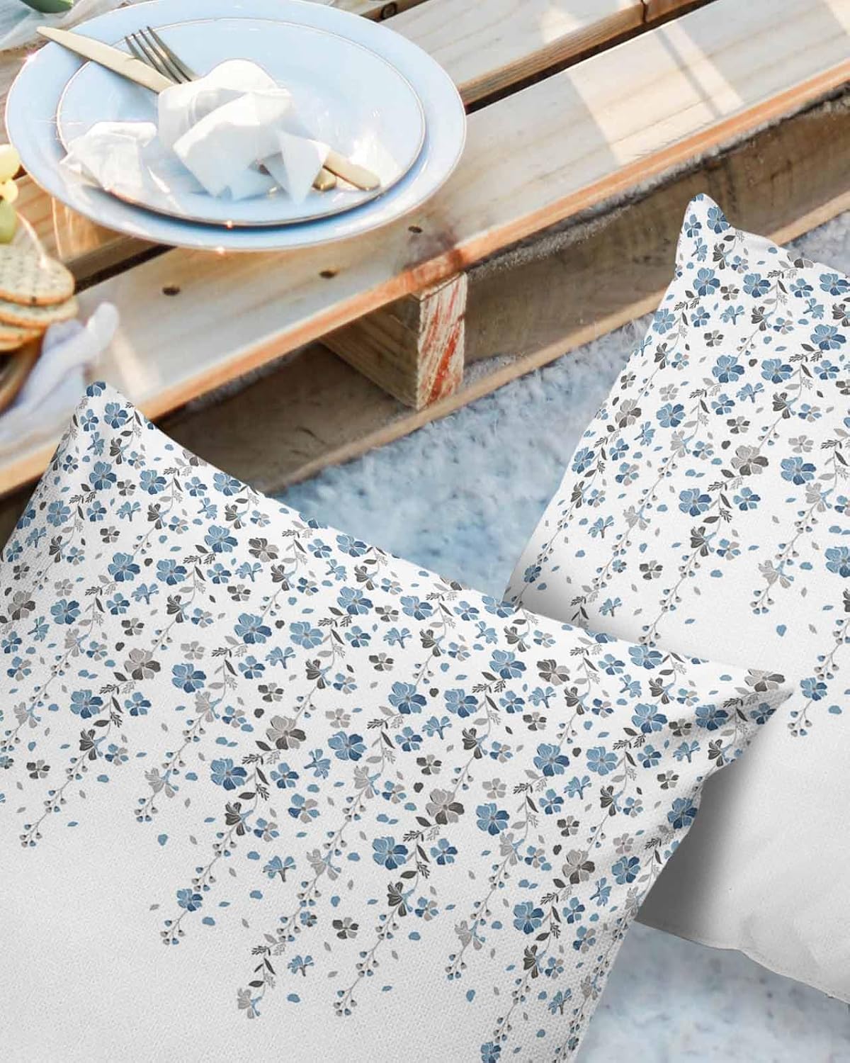 Floral Outdoor Pillow Covers Pack of 2, Blue and Grey Flowers Waterproof Pillow Covers Seasonal Spring Summer Throw Pillowcase for Patio Funiture Garden Tent, 18 x 18 inch