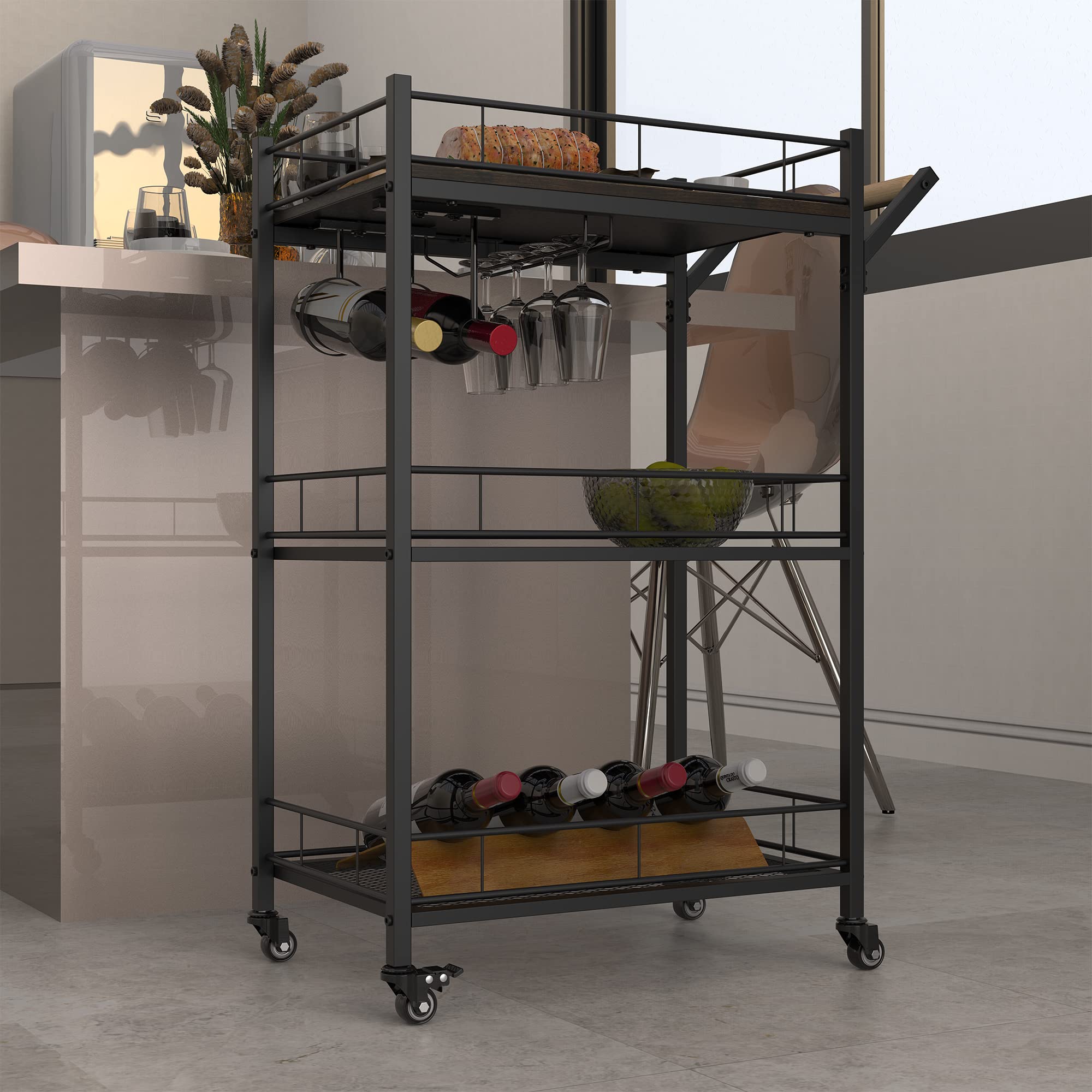 ANYHI Drinks Trolley with Wine Rack and Handle, Kitchen Trolley Serving