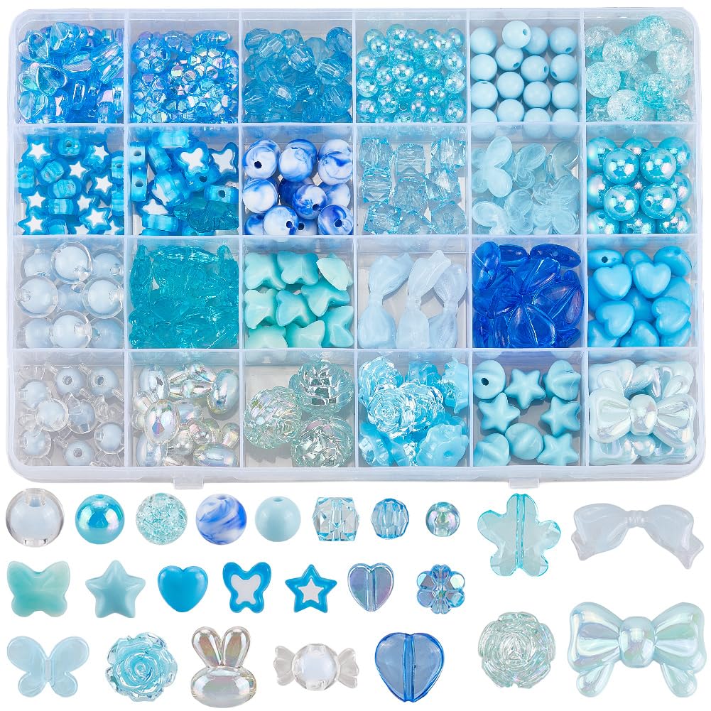 SOFPLATE 1 Box 432Pcs 24 Styles Blue Acrylic Beads Friendship Bracelet Making Kit Cute Summer Winter Holiday Heart Star Flower Loose Spacers for Bracelets Necklaces Keychains Jewellery Making Crafts
