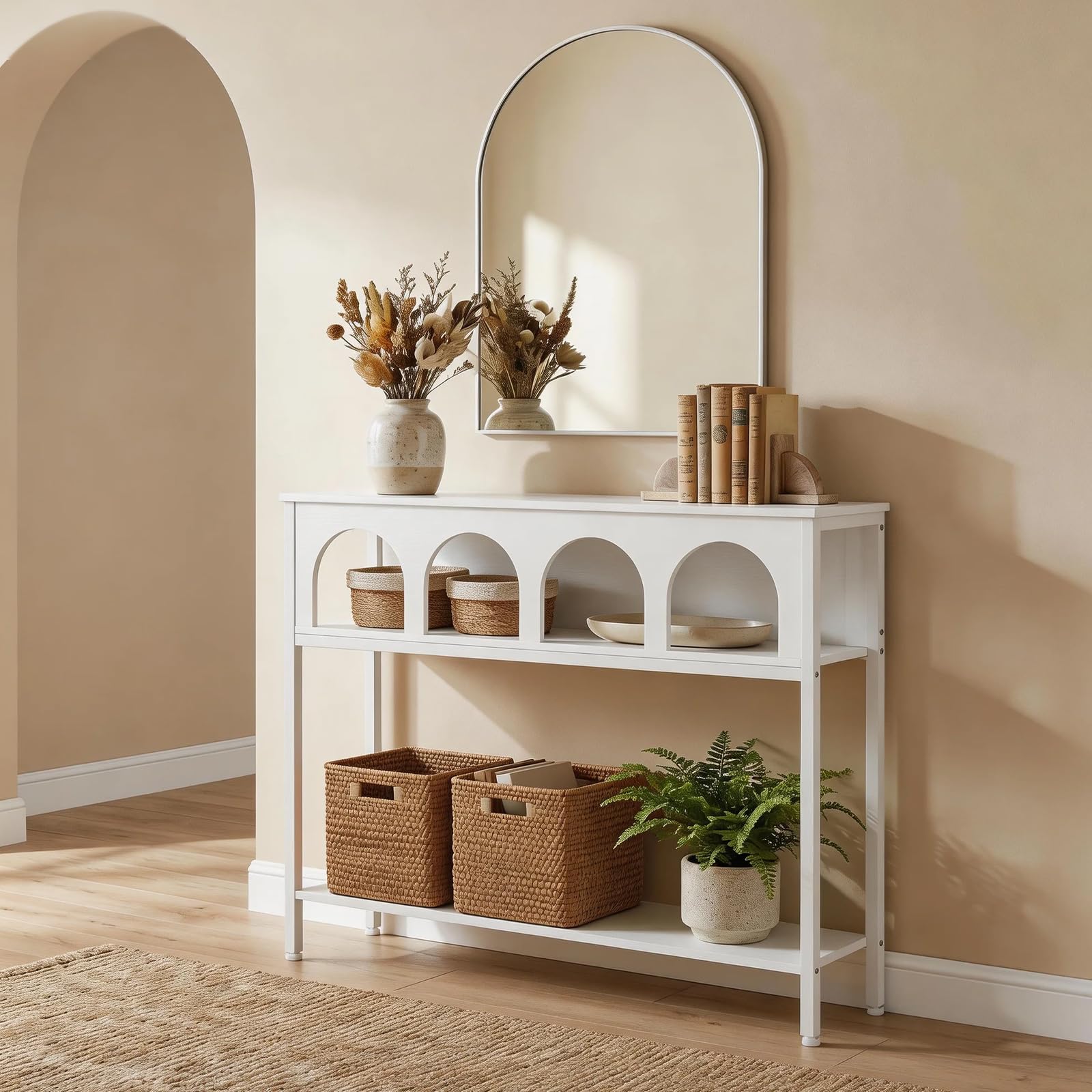 HOOBRO Schmaler Konsolentisch mit Bogendesign, Eingangstisch mit 3 Ablagen, Konsolentisch im Landhausstil, Beistelltisch, Sofatisch, Metallgestell, Flurtisch für Wohnzimmer, Flur, Weiß EWW106XG01
