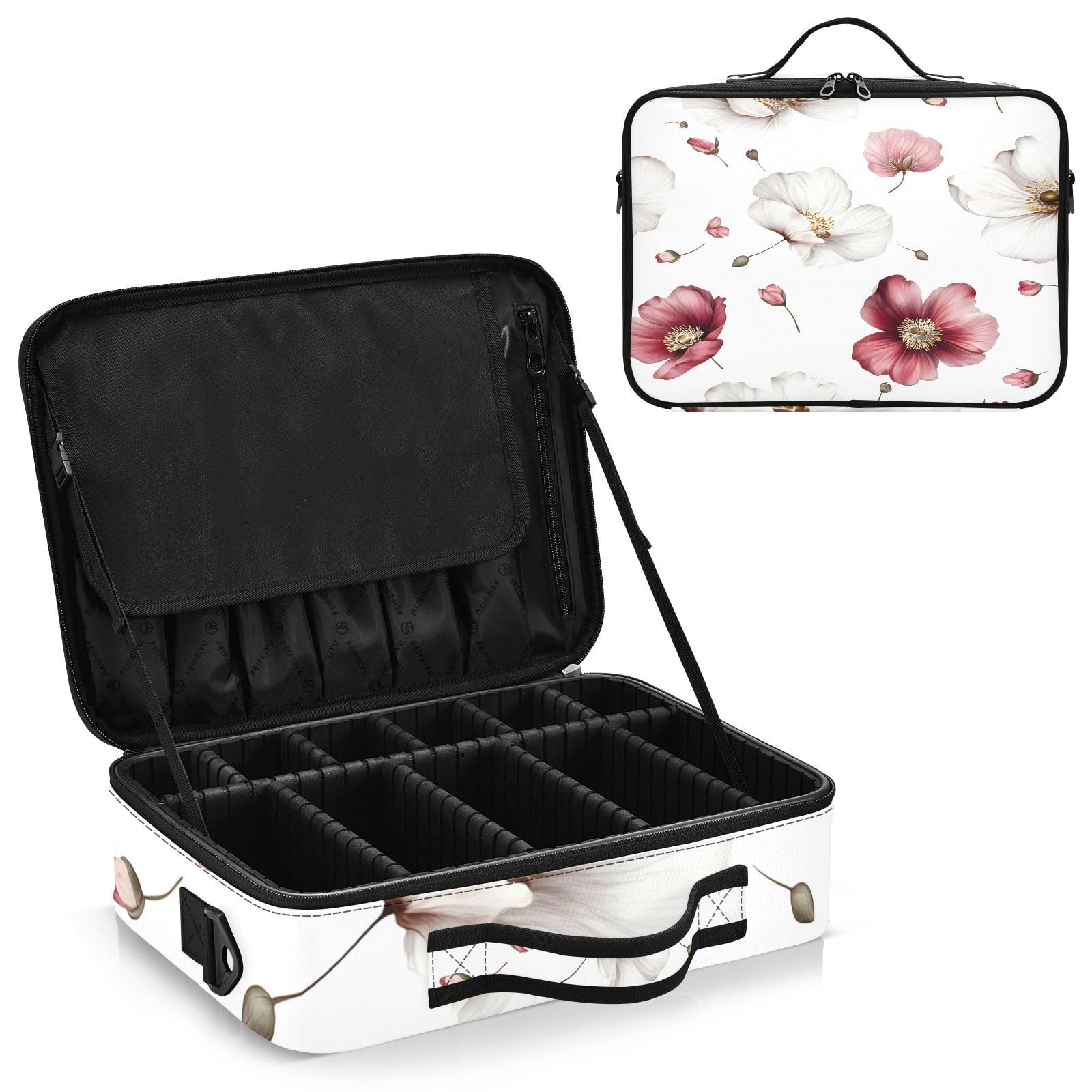 zyrtty Travel Makeup Train Case White Red Flower Pattern Cosmetic Organizer Portable Storage Bag with Adjustable Dividers for Cosmetics Brushes Toiletry Jewelry Digital Accessories