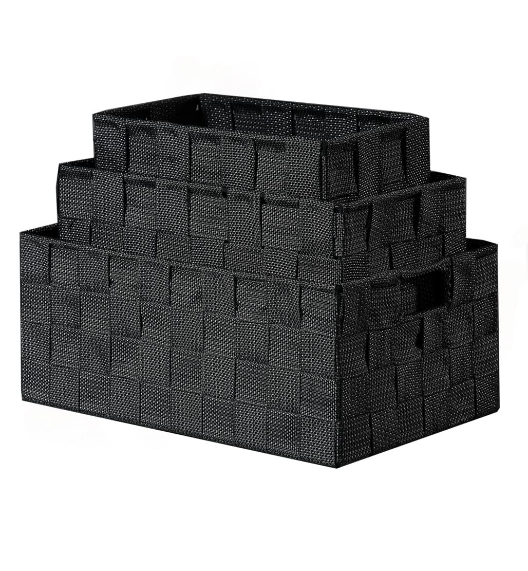 BM Cestino Portaoggetti Bagno Effetto Rattan, Set di 3 Cestini Bagno da Scaffale Intrecciato Rettangolare Organizer Scatole Portaoggetti Adatto a Diversi Usi Organizzazione (Nero)