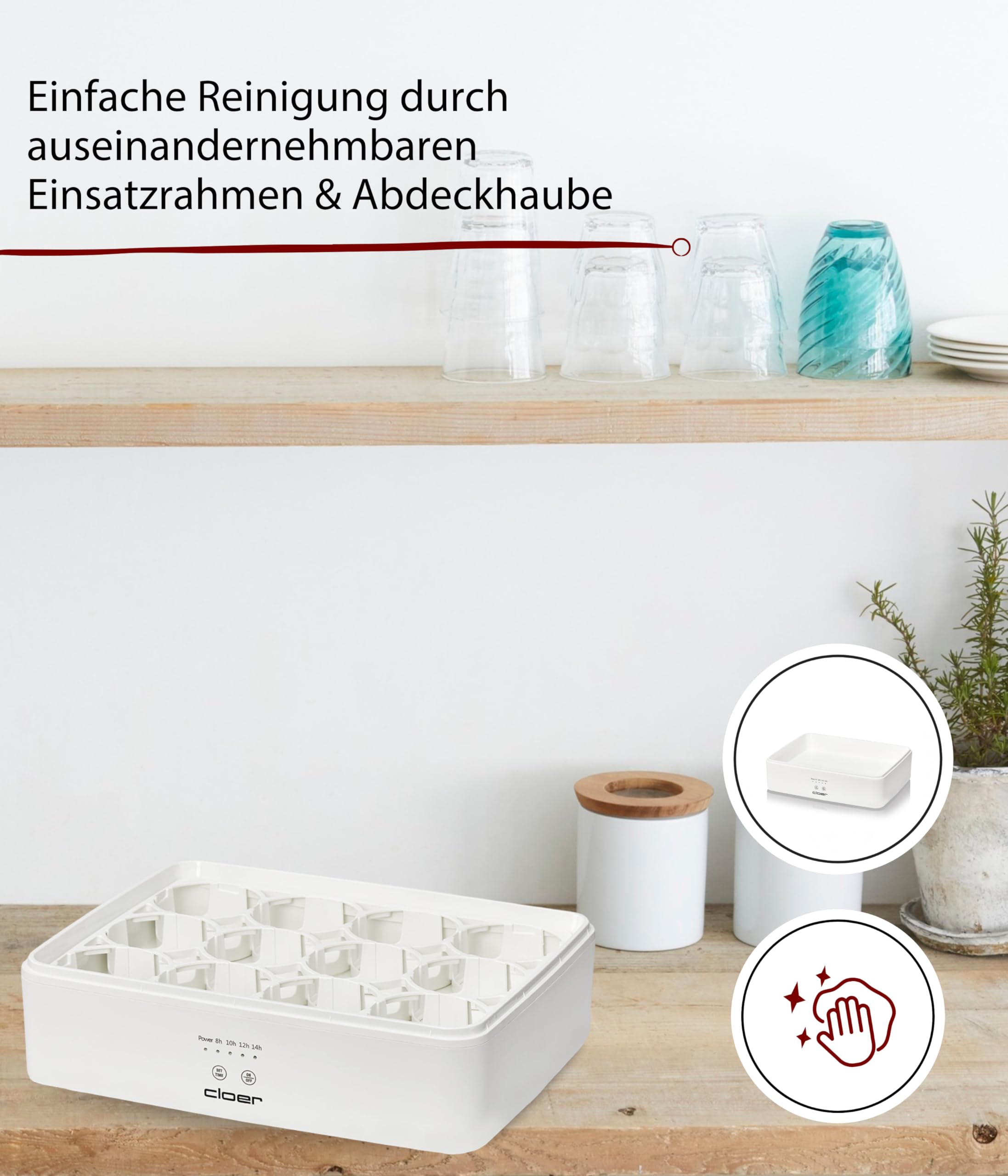 Cloer 9921 Yaourtière pour 12 pots, chacun 150 ml de capacité, pour yaourts et ferments, minuterie, 8 à 14 heures, boîtier en plastique blanc, 17 W, couvercle transparent