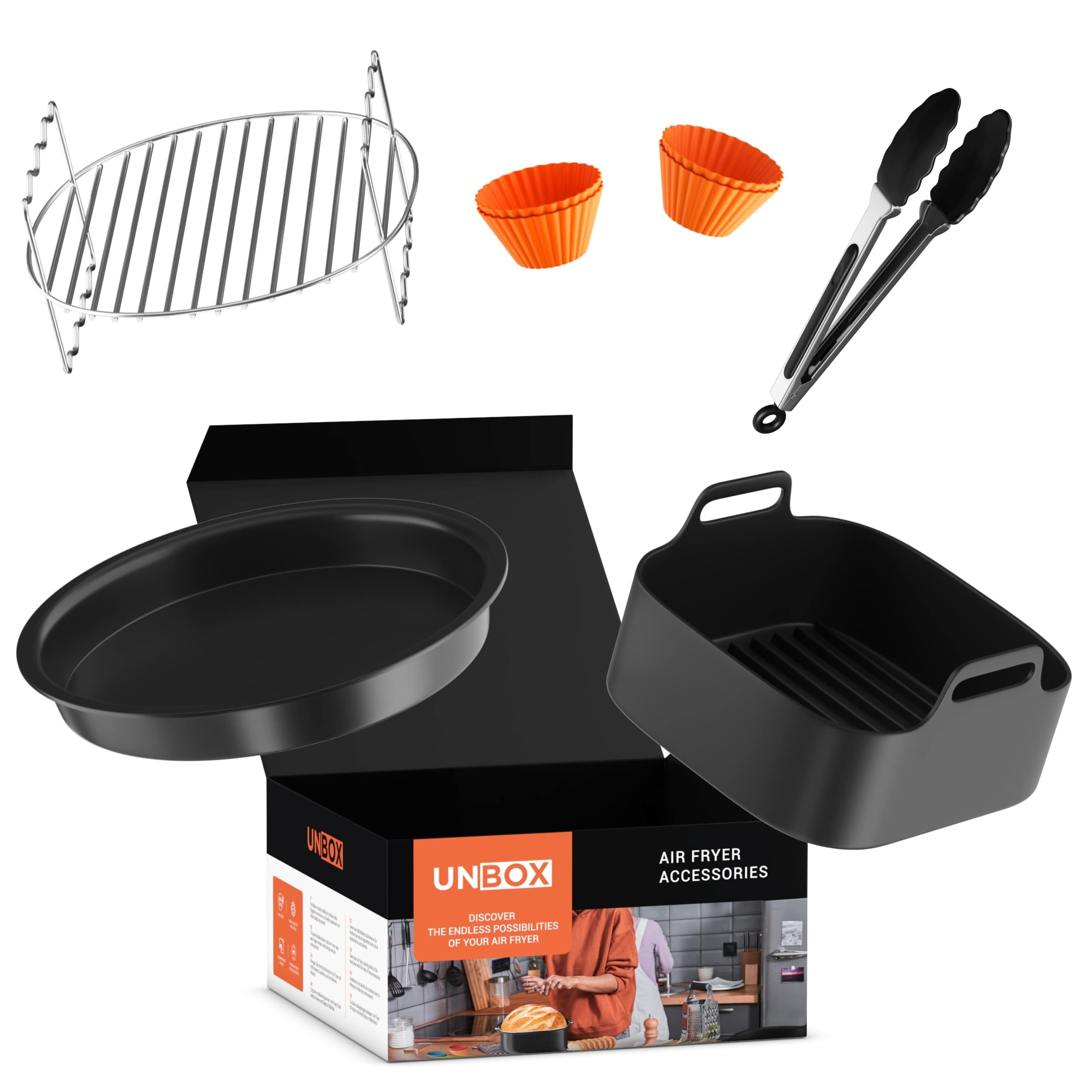 Accessori Friggitrice ad Aria per Philips 6,2L, Cosori e Cecotec | Set con teglia in silicone (23cm), griglia e teglia per pizza. Acciaio inox privo di BPA lavabile in lavastoviglie