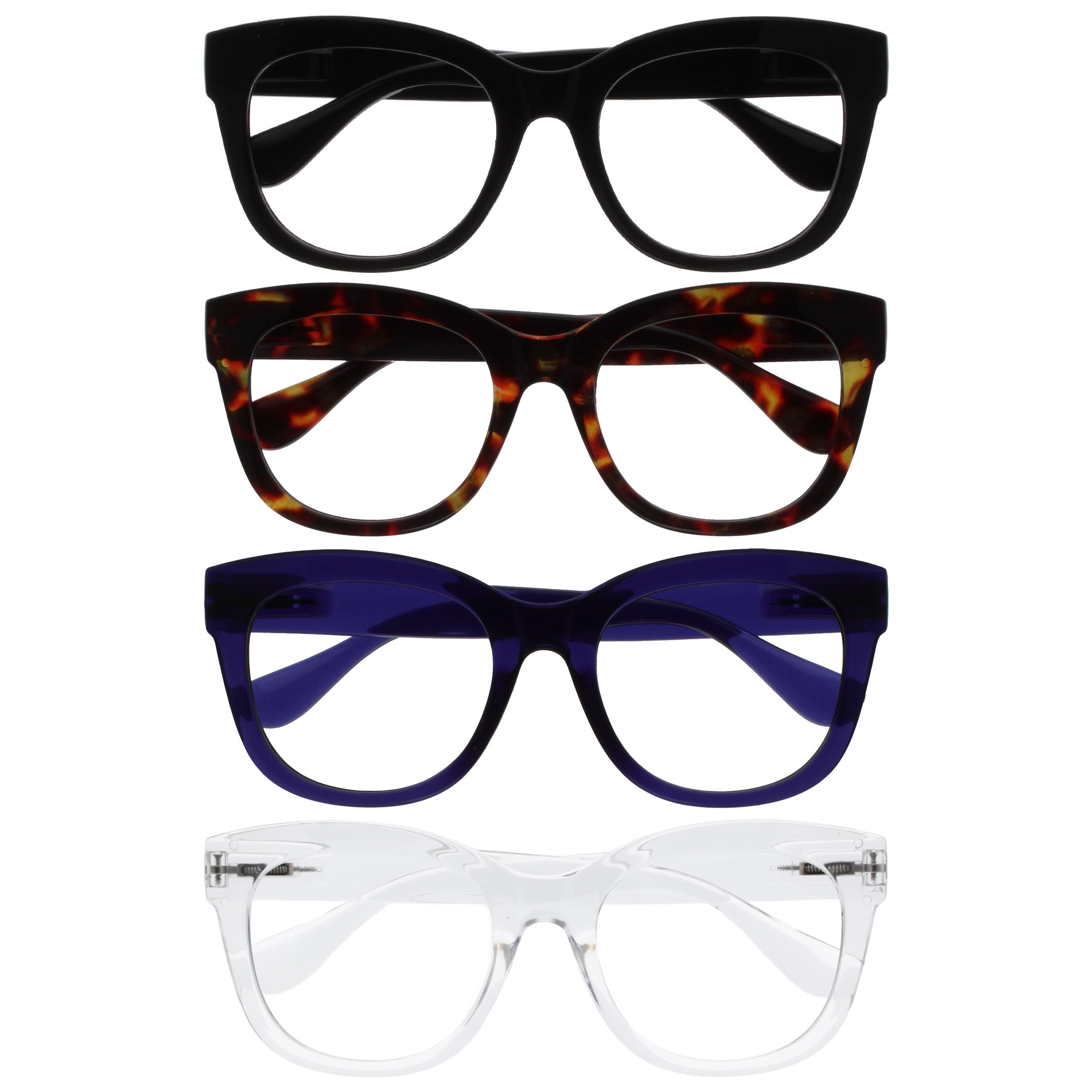 OPULIZE BIG Blue Light Blocking Reading Glasses - Bold Round Fashion Frame - Anti-Glare Anti-Reflective Computer Gaming - UV Eyestrain Protection - 4 Pack Black Brown Indigo Clear - Mens Womens +1.50