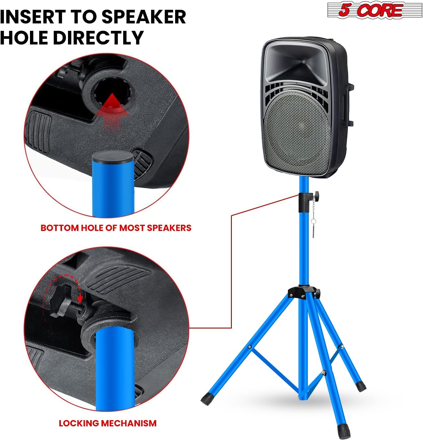 5 Core Speaker Stand Pair Universal Mount Steel Construction 132 Lb Capacity Stable Tripod w/Adjustable Height 36” w 35mm Compatible Insert Metal Safety Pin Included Bag