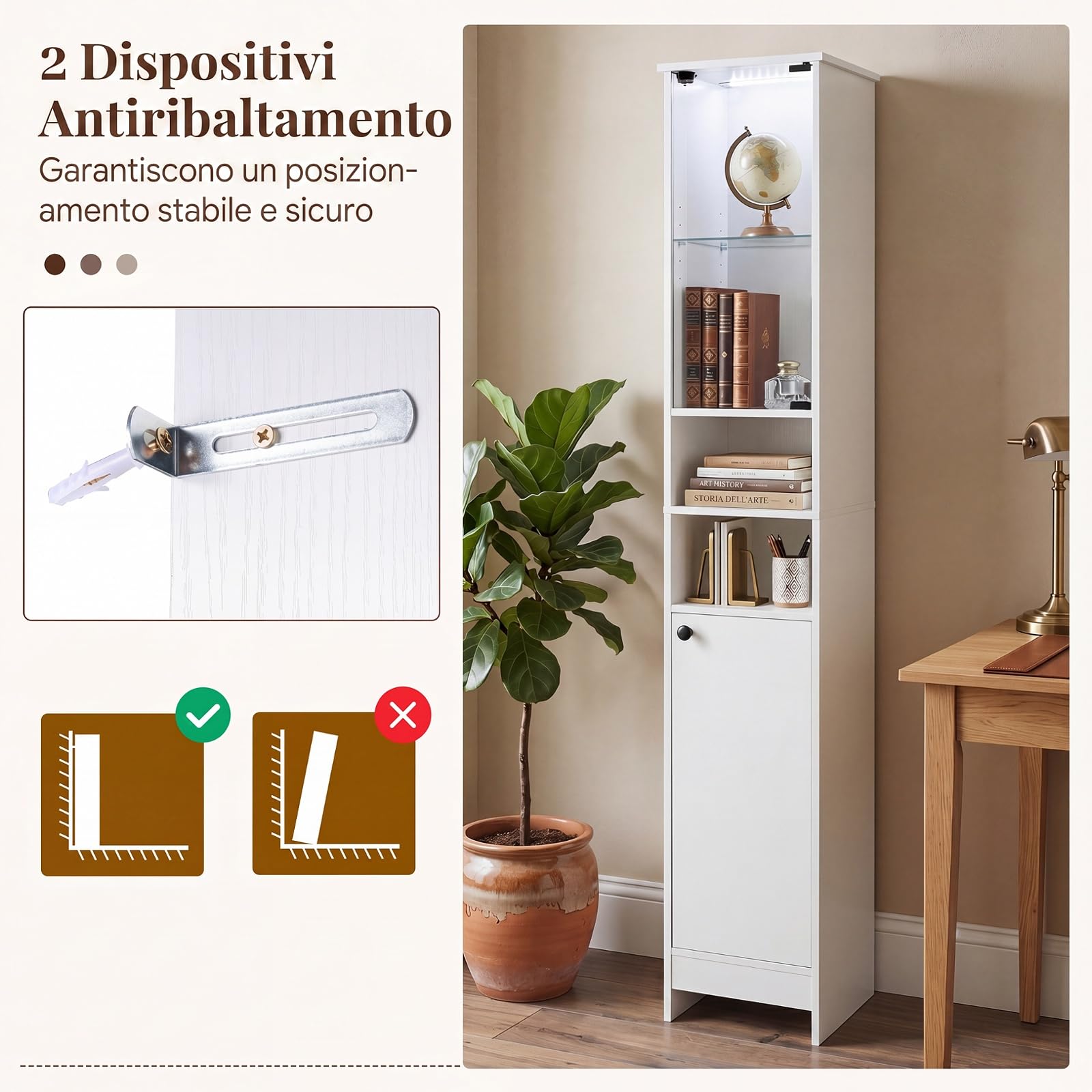 COSTWAY Mobile Alto da Bagno, Mobiletto a Colonna Stretto con Luci LED e Telecomando, Ante in Vetro e Mensole Regolabili, Armadio Salvaspazio a Terra per Soggiorno, 30 x 30 x 170 cm (Bianco)