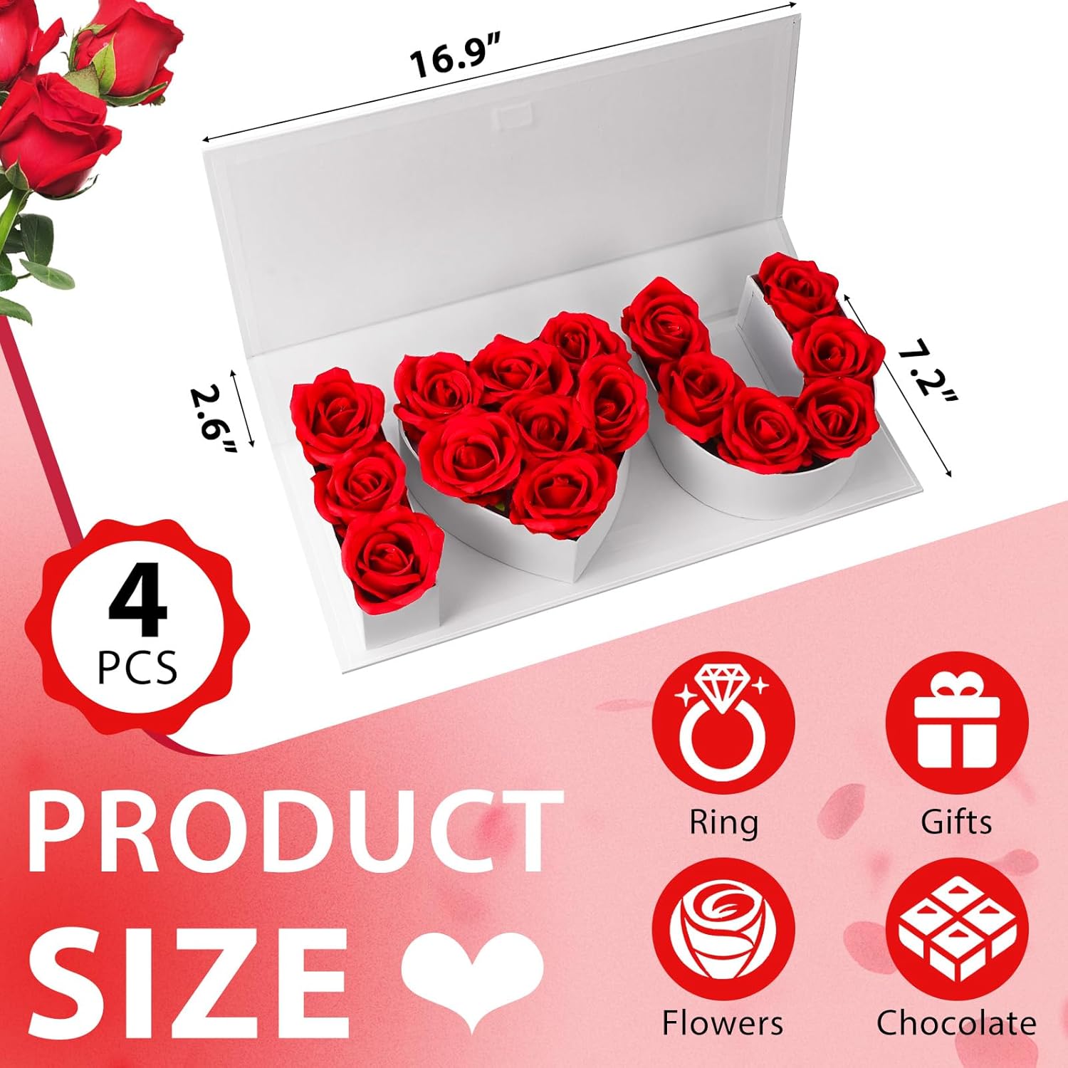 PYQTH 4 Pcs Empty I Love You Box for Flowers Valentines Boxes Large Thicker Letter Shaped Fillable Gift Box I Heart U Packaging Box for Valentines Mothers Day Wedding Anniversary Birthday (White)