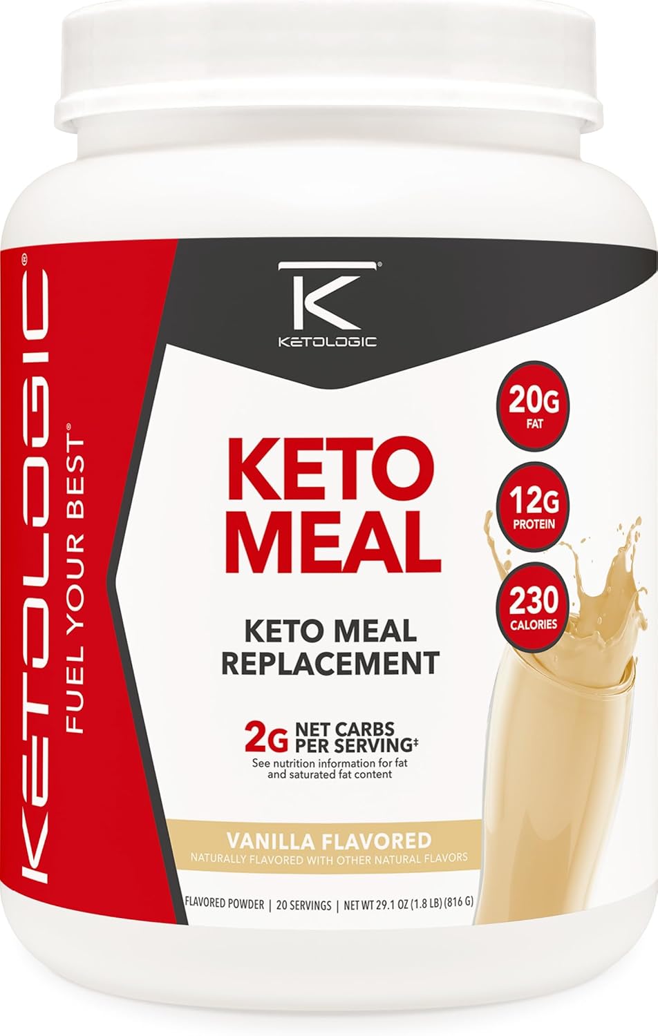 Ketologic Keto Meal Replacement Shake Powder for Optimal Results + MCT Oil + Grass-Fed Whey – Perfectly Formulated Macros for Ketosis – 20 Servings – Vanilla