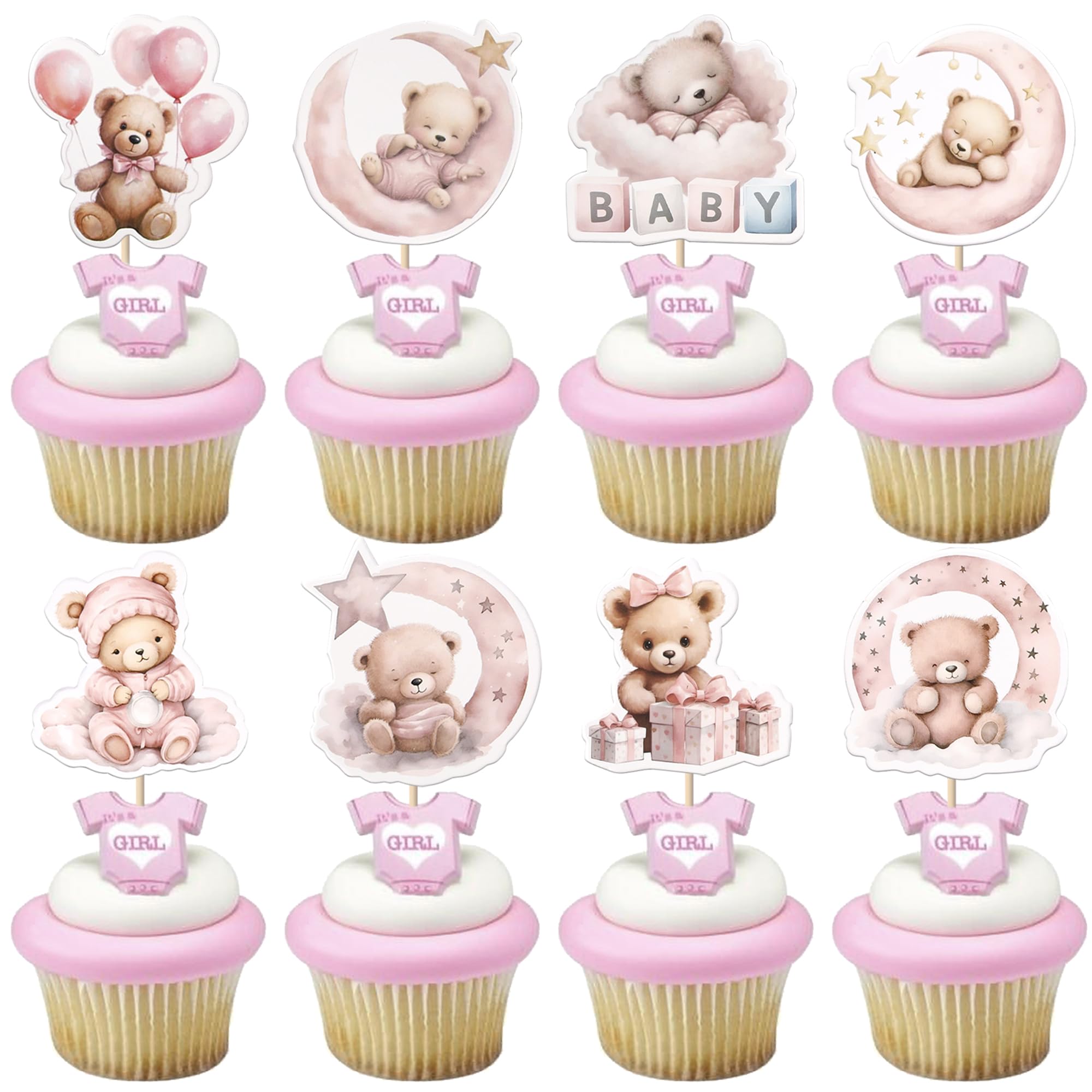 Xsstarmi 40 Pack Pink Baby Bear Cupcake Toppers Moon Balloon Goodnight Bear Cupcake Picks for Gender Reveal Theme Baby Shower Girls Birthday Party Cake Decorations Supplies
