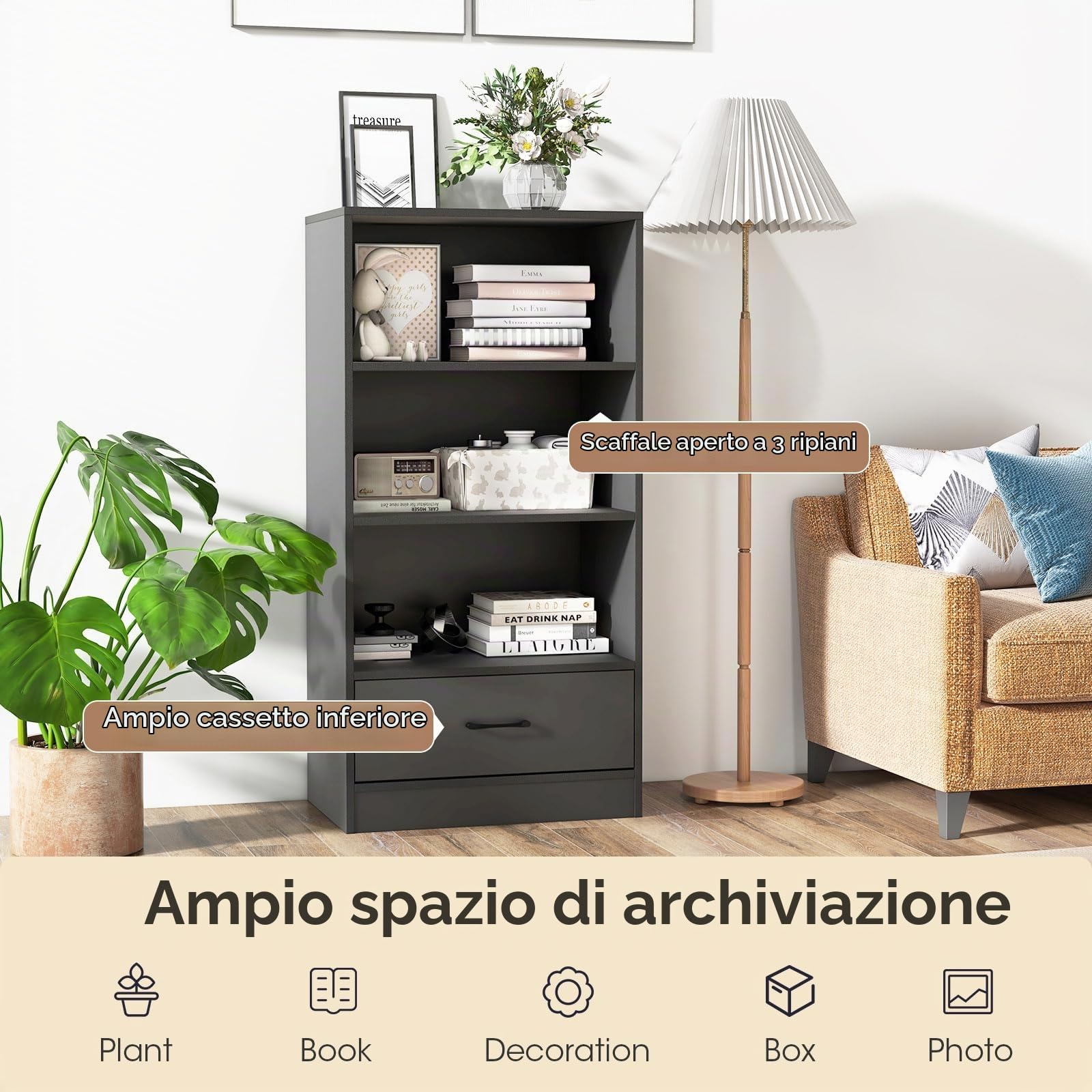 KOMFOTTEU Libreria in legno, 3 ripiani aperti e 1 cassetto, armadio base con ripiani regolabili, mobile di stoccaggio, dispositivo anti-ribaltamento, per soggiorno, studio 50 x 30 x 75 cm (grigio)