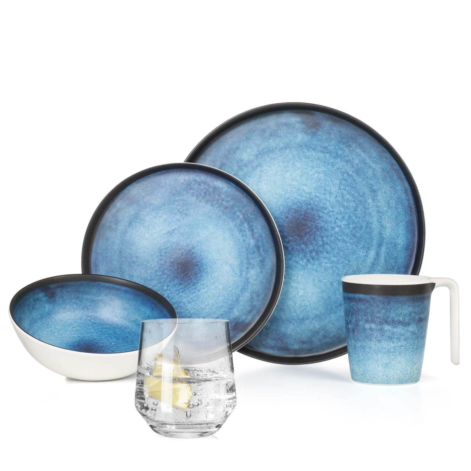 Vajilla de melamina para camping, 4 personas, Deep Ocean + 4 vasos Milano de vasos de agua, vajilla de pícnic, barbacoa