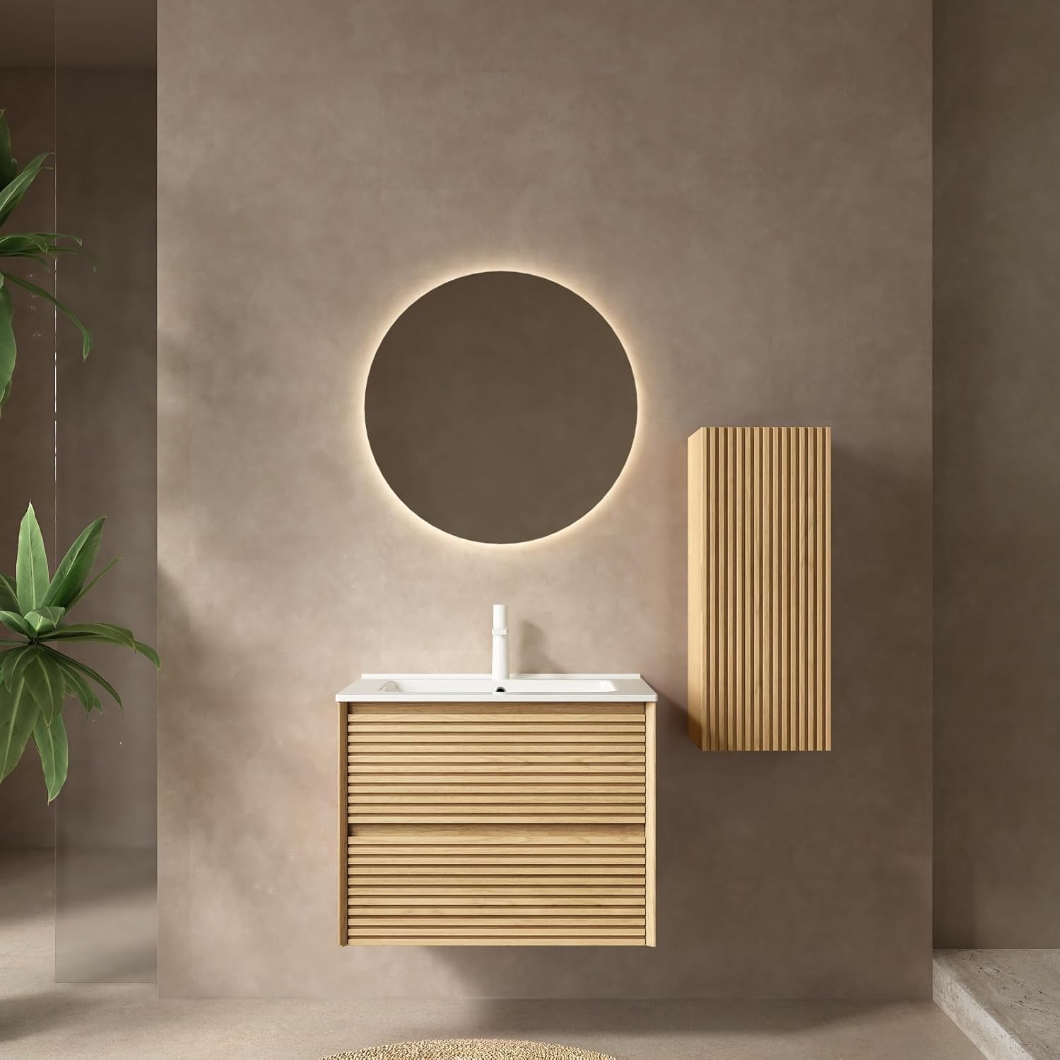 12" Wall-Mounted Cabinet for Bathroom Storage, Striped Bathroom Vanity Side Cabinet with a Door and a Shelf, Corolla Oak