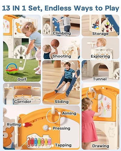 Miniatura 3 de BIERUM Juego de toboganes para niños pequeños con aro de baloncesto, juego de golf y tabla de dibujo, 13 en 1 para interiores y exteriores, parque