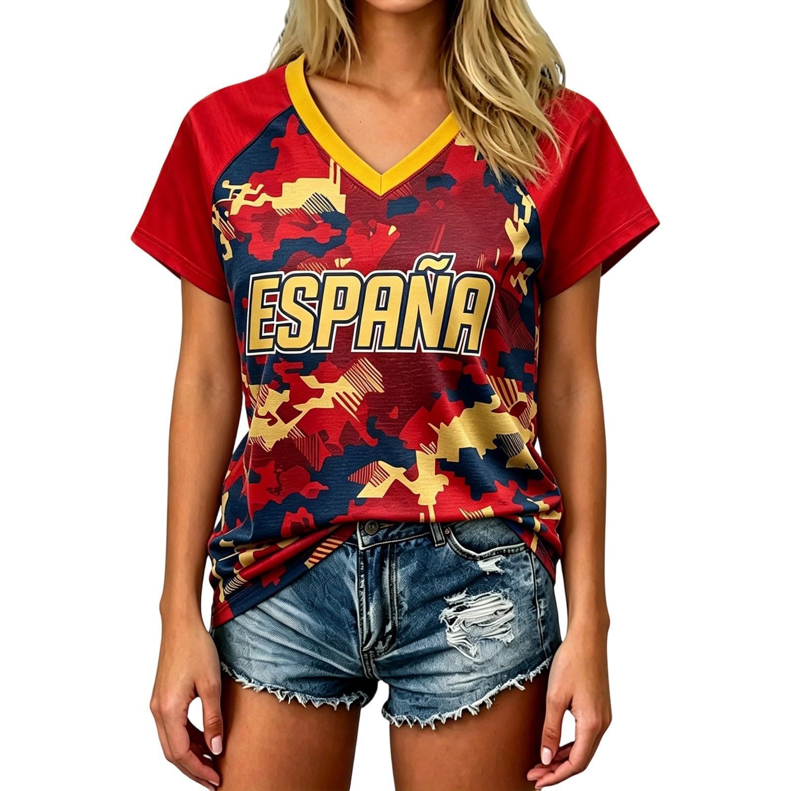 Spain Football T-Shirt for Women Short Sleeve V-Neck Shirts Spain Flag Comfortable Casual Tee Retro Soccer Jersey Adult and Kids Summer Tops (3-Red, XL)