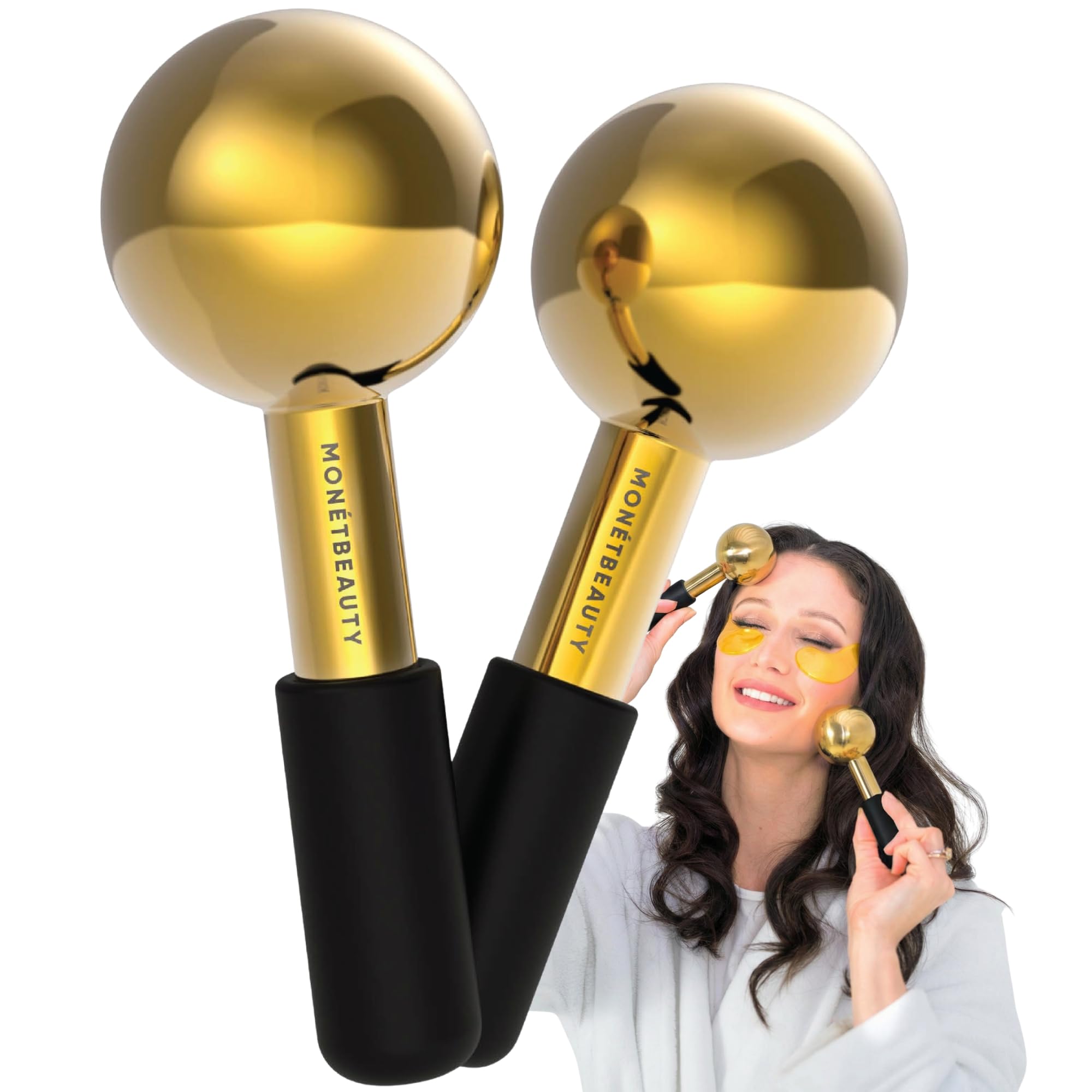 MonétBeauty Globos de hielo de acero inoxidable para tratamientos faciales, mango negro dorado, globos criogénicos duraderos que reducen instantáneamente la hinchazón, aprietan los poros y el alivio