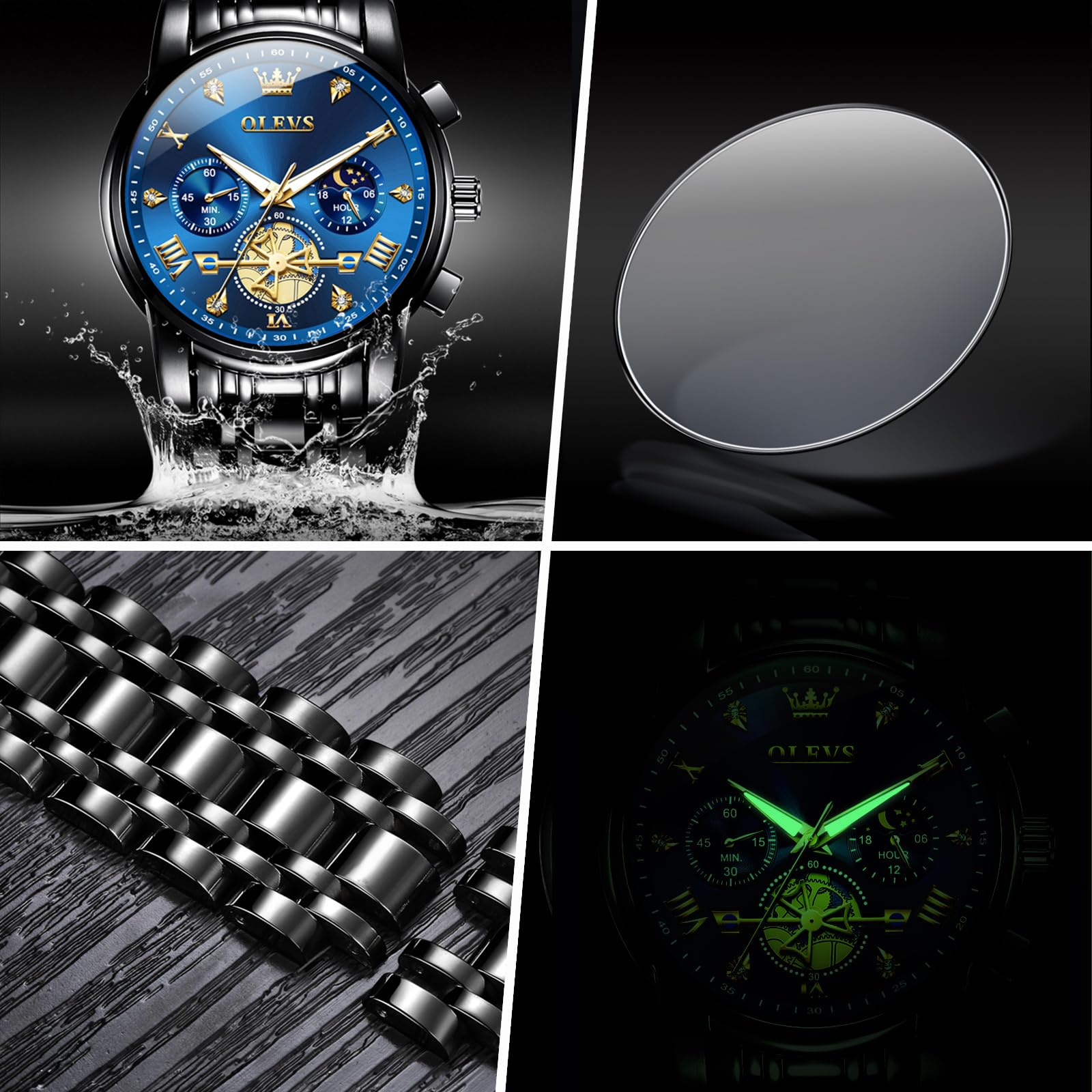 OLEVS Großes Analog Herrenuhren Metallarmband Quarz Edelstahl Herren Armbanduhr mit Mondphase Leuchtende Chronograph Wasserdicht Uhr Geschenke für Männer