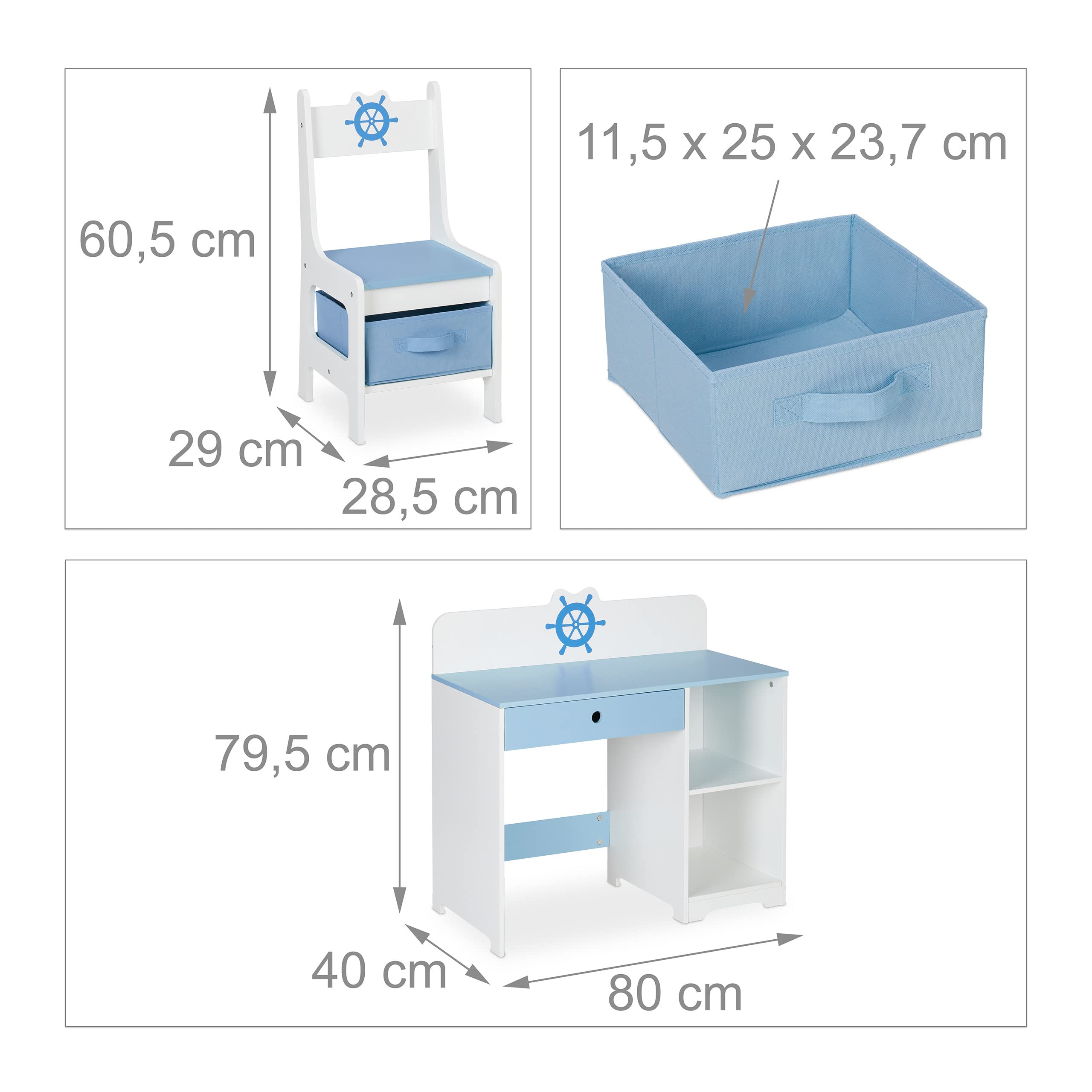 Relaxdays Scrivania e Sedia per Bambini, con Cassetto e 2 Ripiani Aperti, in MDF, Motivo Timone della Nave, Bianco Blu