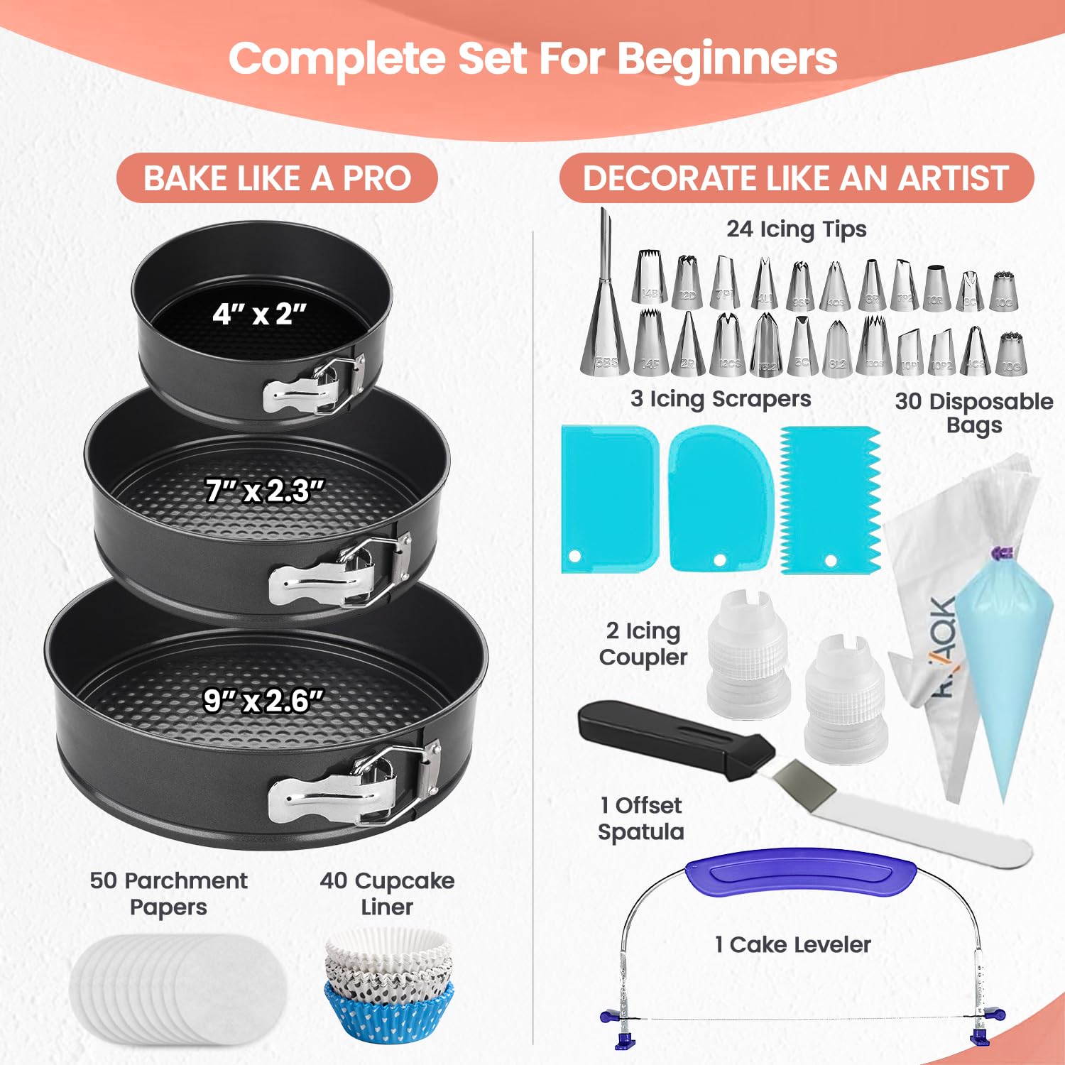 RFAQK Juego de 150 moldes para tartas para hornear + kit de suministros de decoración de tartas: juego de 3 moldes antiadherentes (4,7,9 cm), 24 puntas de glaseado numeradas, 2 espátulas de glaseado y