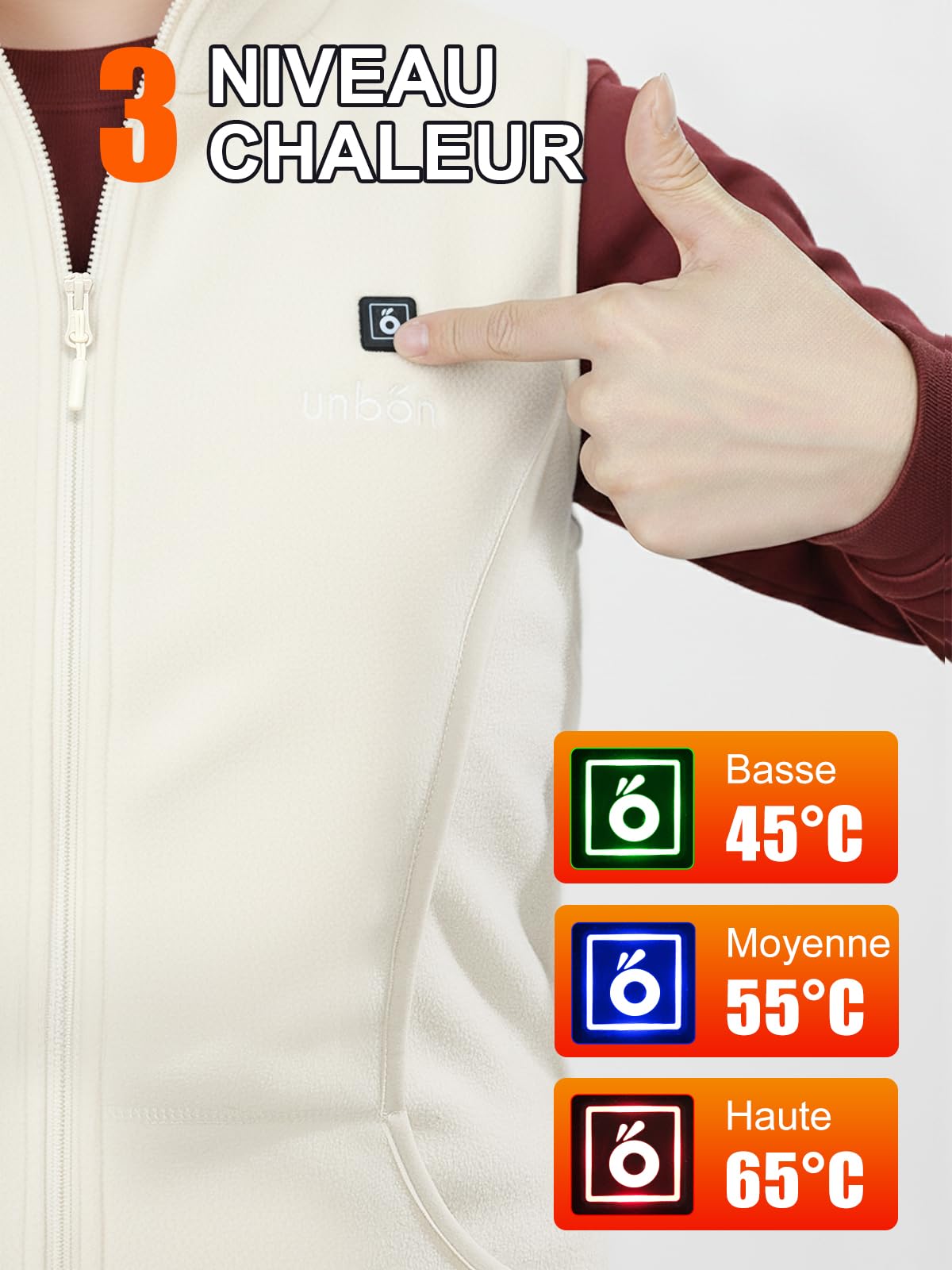 UNBON Gilet Chauffant Femme avec Batterie Incluse USB 10000mAh, Veste Chauffante Femme avec 3 Températures 6 Zones Chauffage, Veste Polaire Chauffante sans Manche, Gilet Chauffant Électrique Blanc S