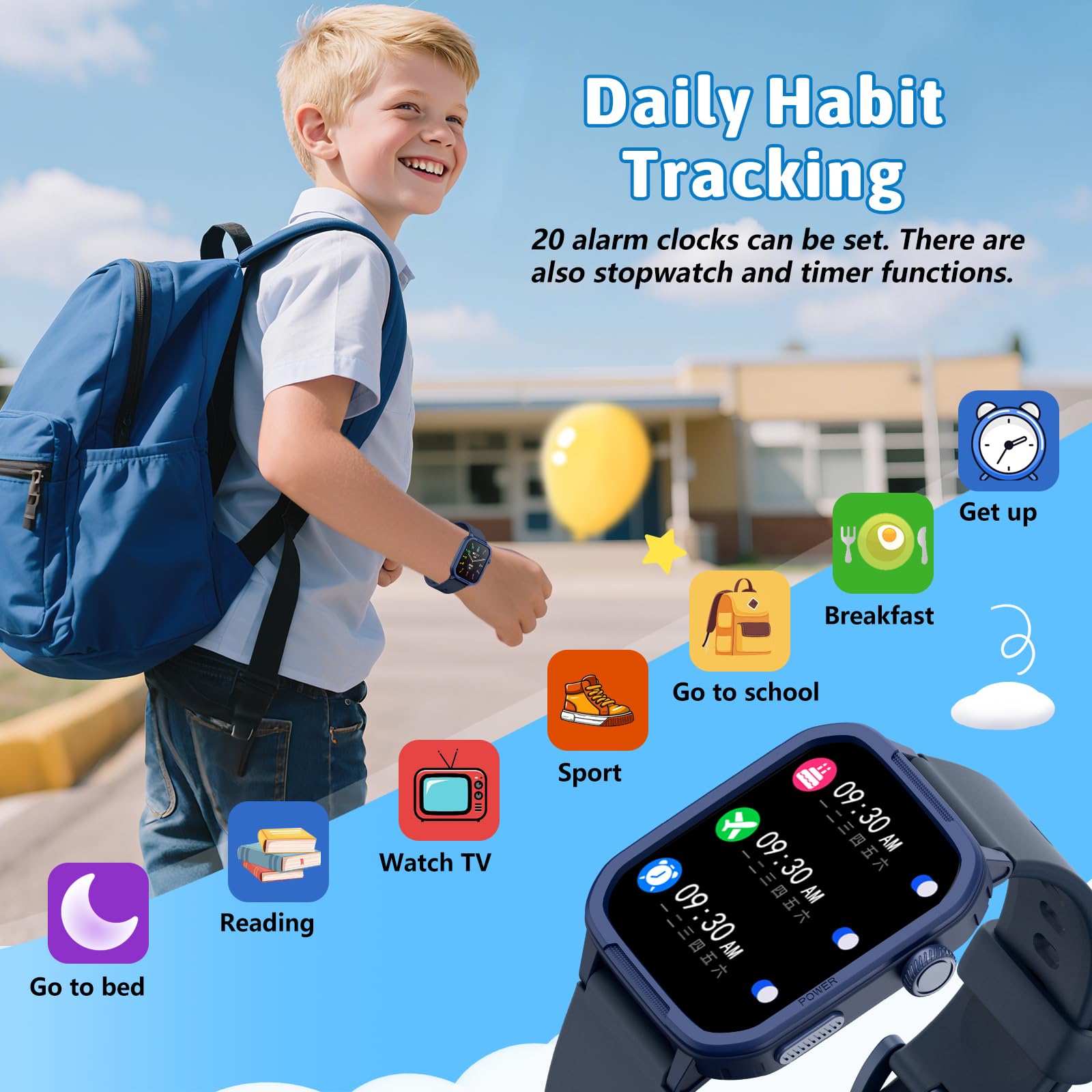 Montre connectée pour Enfant, 1.5" Montre Podometre, 19+ Modes d'entrainement, fréquence Cardiaque, Suivi du Sommeil,Longue durée, Étanche, Cadeau pour Les Filles et Les garçons 6-15 (Bleu)