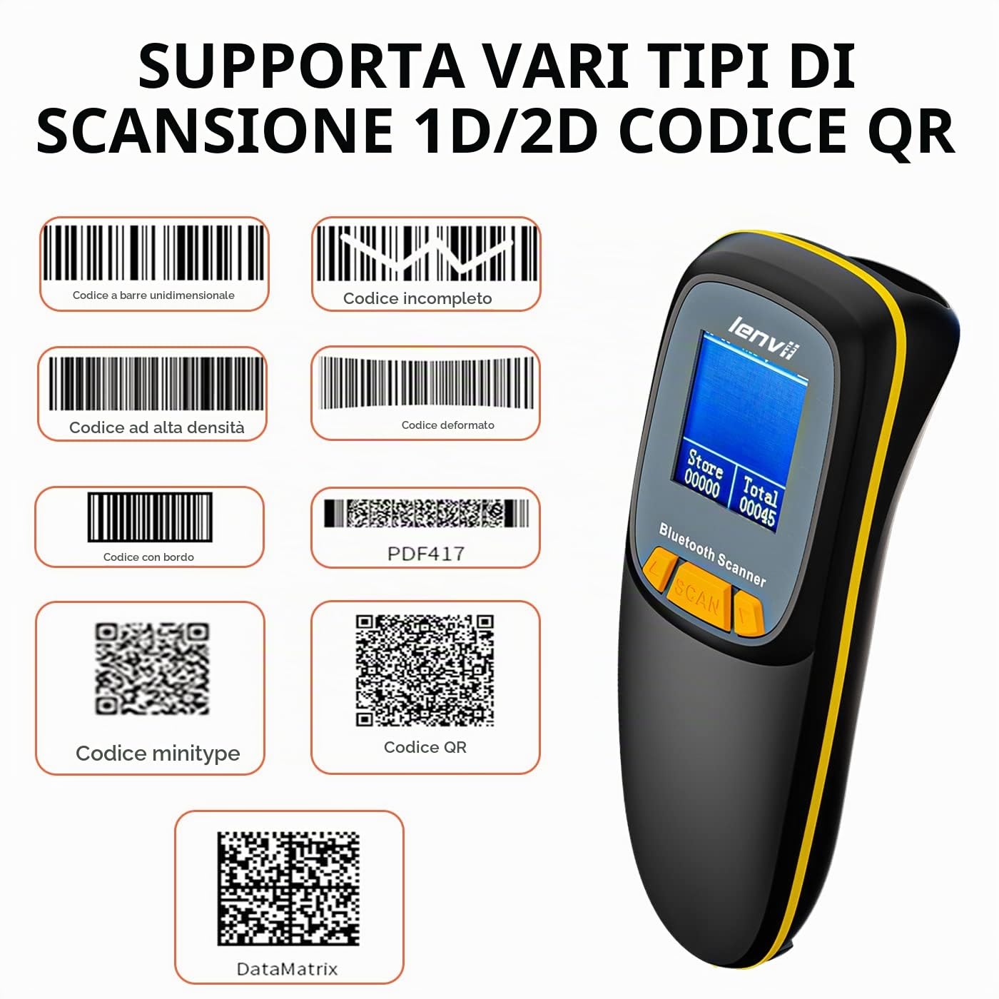 LENVII Scanner di Codici a Barre Bluetooth 2D, Scanner Wireless con Display | 3 in 1 Mini Lettore di Codici a Barre USB, Portatile 1D Barcode Scanner, per inventario e POS Compatibile Android, iOS (Nero)
