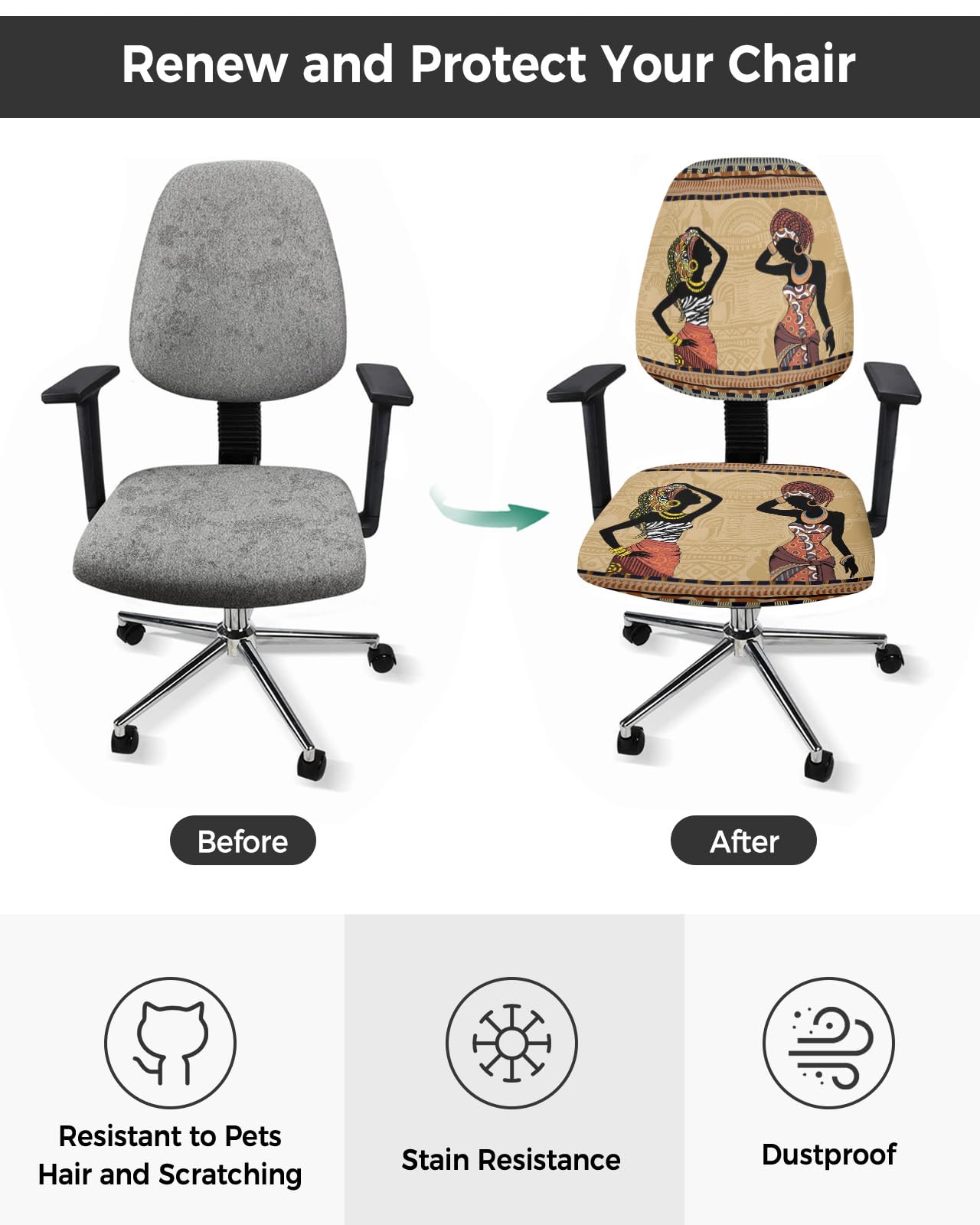 Jolunifun African Women Office Chair Covers Stretchable 2 Piece, Soft Decorative Computer Desk Chair Cover Protector Universal Rotating Chair Slipcover Native American Indian Rustic Tribal Ethnic