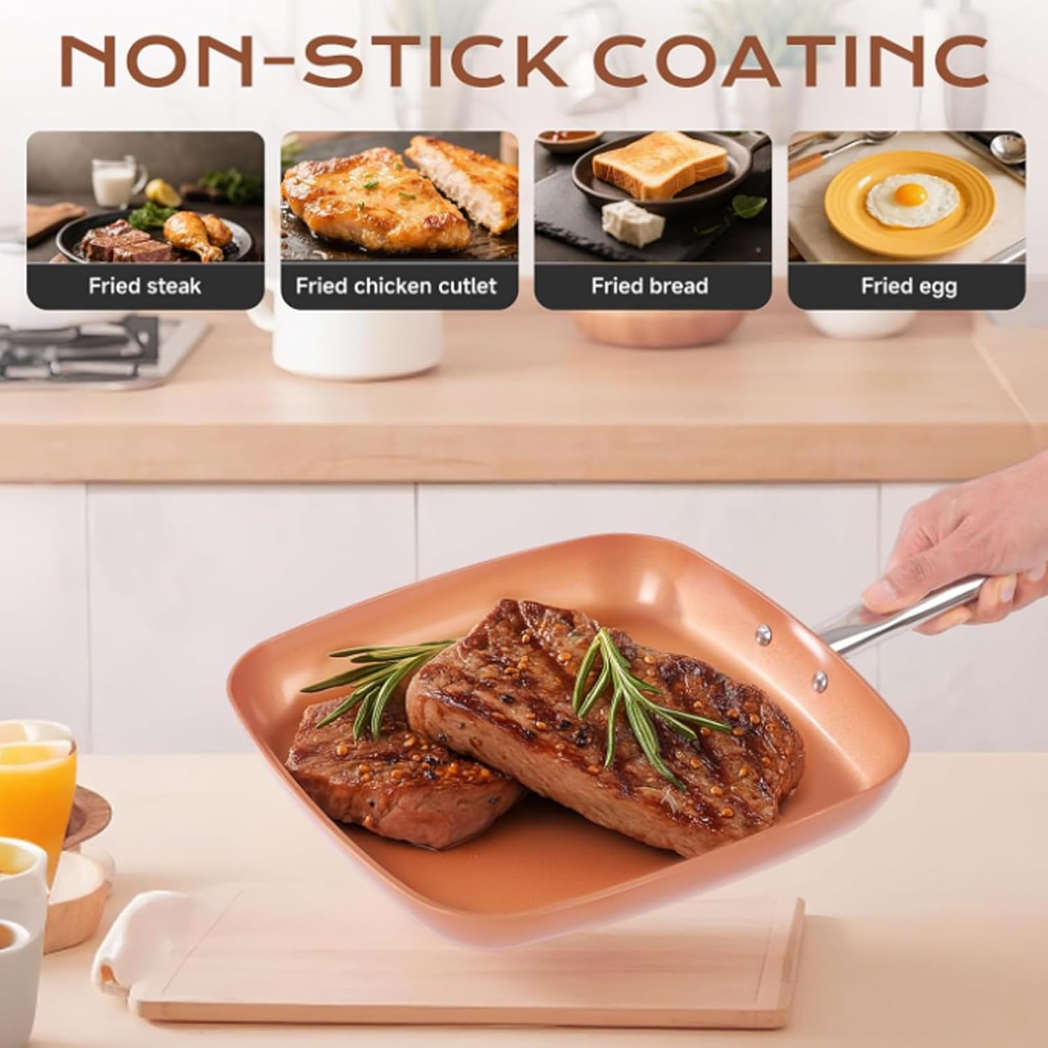 Yosoo Health Gear Frying Pan Copper Color Aluminum Alloy Stainless Steel Anti Stick Square Skillet with Compound Bottom Non Stick Ceramic Coating Oven Dishwasher Safe Cooking pots and Pans - Image 4