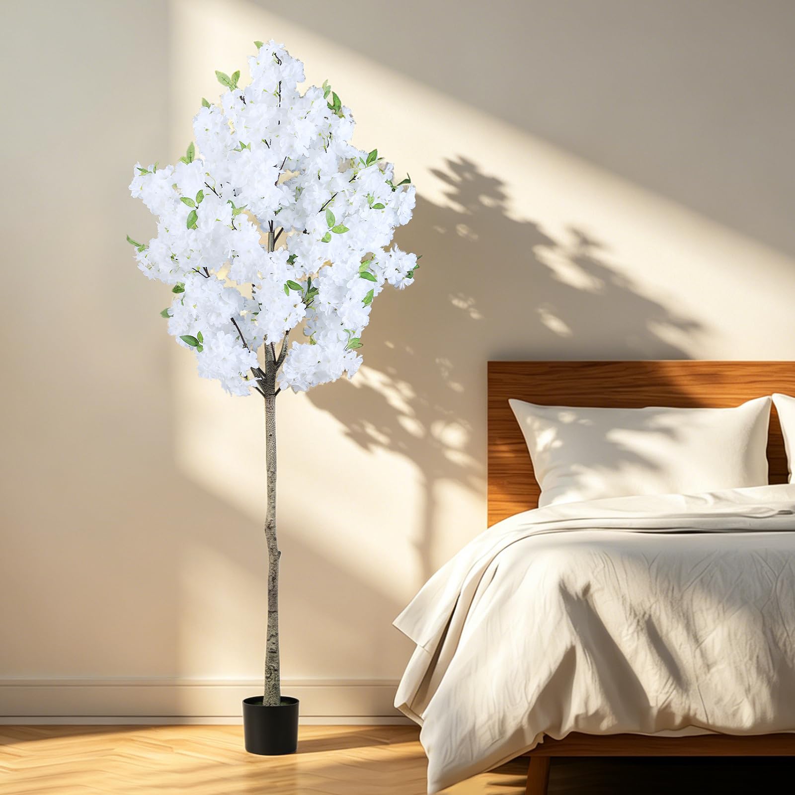 OUSHENG Künstlicher Kirschblütenbaum, künstliche Pflanzen, Innendekoration, künstliche rosa Sakura-Blumen für Wohnzimmer, Zuhause, Haus, Eingang, Schlafzimmer, Büro, Innendekoration, 1,8 m, Weiß