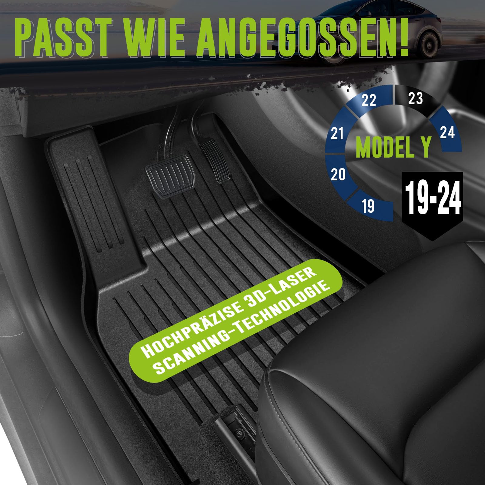 moveland TPE Tesla Model Y Fußmatten Passend für Tesla Model Y 2019–2024 – Allwetter & Extra Robust – rutschfest, Wasserdicht, Leicht zu Reinigen – autofussmatten(9 PCS)