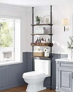 ALLZONE 4-Tier Over The Toilet Storage Shelf, Wood Bathroom Organizer Over Toilet Cabinet with Adjustable Shelf, Versatile Rack Fits Most Tight Space, Easy Assembly, 92" to 116" Height, Rustic Brown