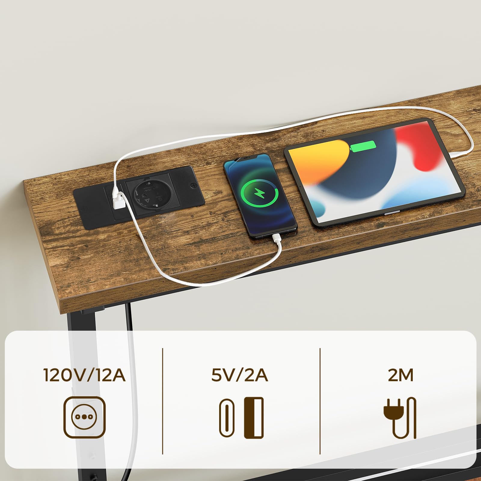 YATINEY Wąski stolik konsolowy, wąski stolik do przedpokoju, 200 cm długości, 1 gniazdo AC, 1 gniazdo USB-A, 1 gniazdo typu C, do salonu, przedpokoju, vintage brązowo-czarny XCT09CBR