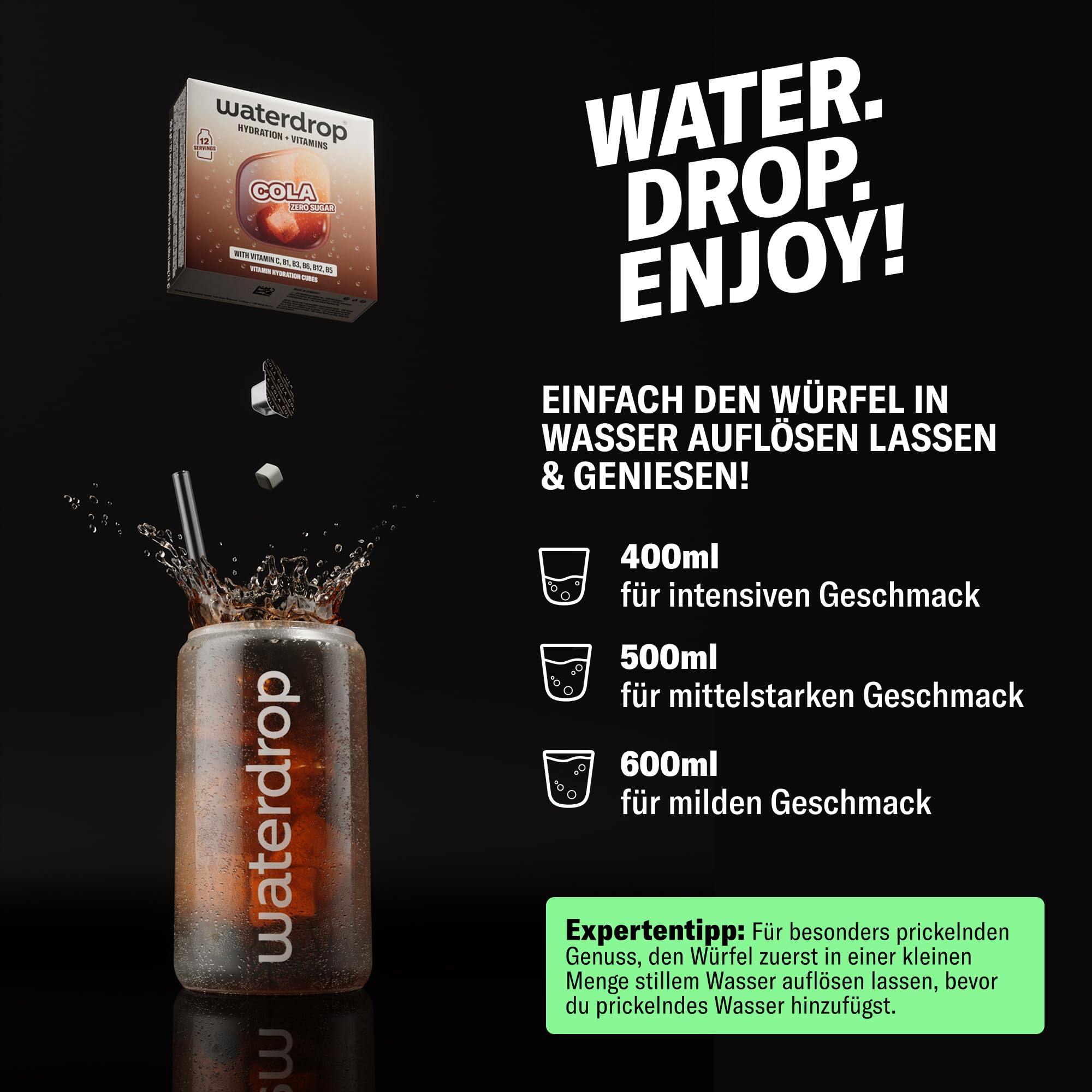 waterdrop® Cola – Wasser mit Cola Geschmack ohne Zucker, 36 Würfel – verbesserte Rezeptur - zuckerfreies Getränkepulver für Wasser mit Vitaminen – Zero Cola Alternative, vegan, gluten- & kalorienfrei