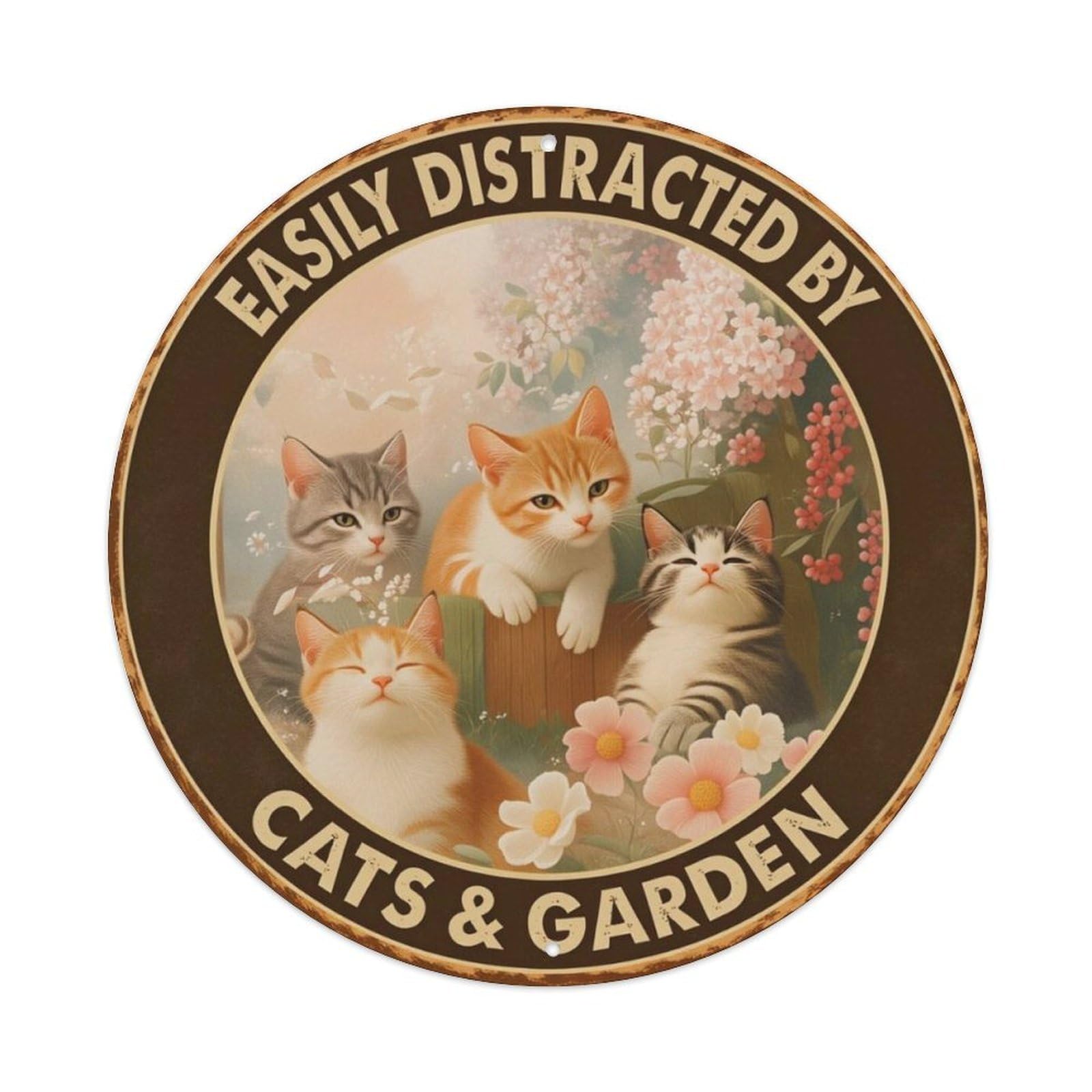 Vintage Cats Garden Distressed Round Metal Tin Wall Sign Vintage Aluminium Metal Sign, Retro Wall Decor for Home, Bar, Garage & Farmhouse 20x20cm