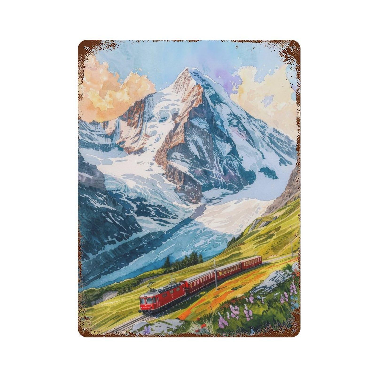 xiaoxiaoshen Jungfrau Region Switzerland Watercolor Travel Mountain Train Wall Decor Art Metal Tin Poster Modern Home Decor Art Home Bar Shop Decorations Vintage Sign 40x30cm