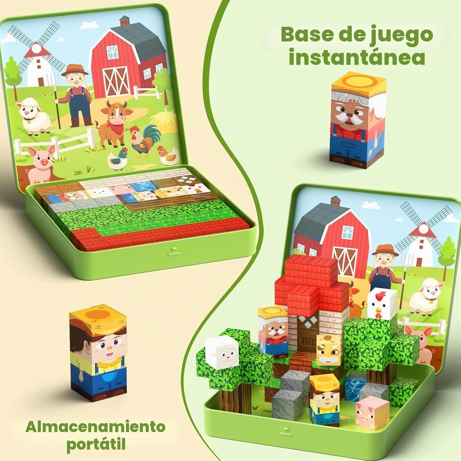 Juego de Juguetes de Viaje de Bloques magnéticos, Cubo de construcción magnético de 49 Piezas, Juguete de Viaje para niños a Partir de 3 años (Tema Granja)