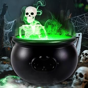 KEELYY Halloween Decorative Witch Cauldron with Skeleton LED Lights and Mist Maker Witch Pot with Mist Diffuser Large Black Witches Cauldron Outdoor Decorative Kettle for Halloween Party Decoration
