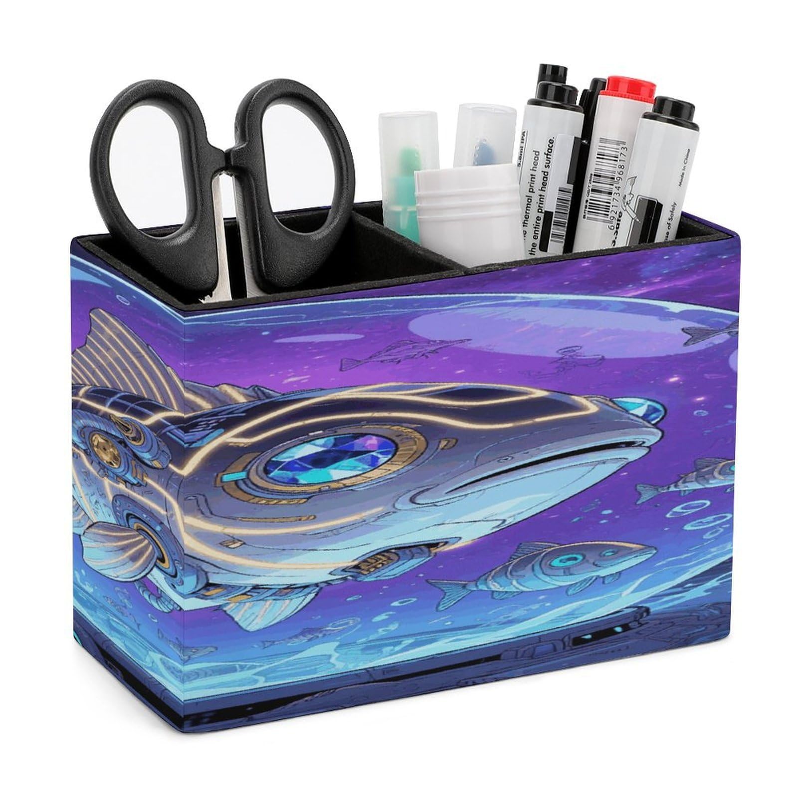 VstaDank Fish Pencil Holder for Desk Organizer 2 Compartments Pen Cup Leather Square Pen Holder Pencil Cup Stand Makeup Brush Holders for Desktop Organizer Storage Case