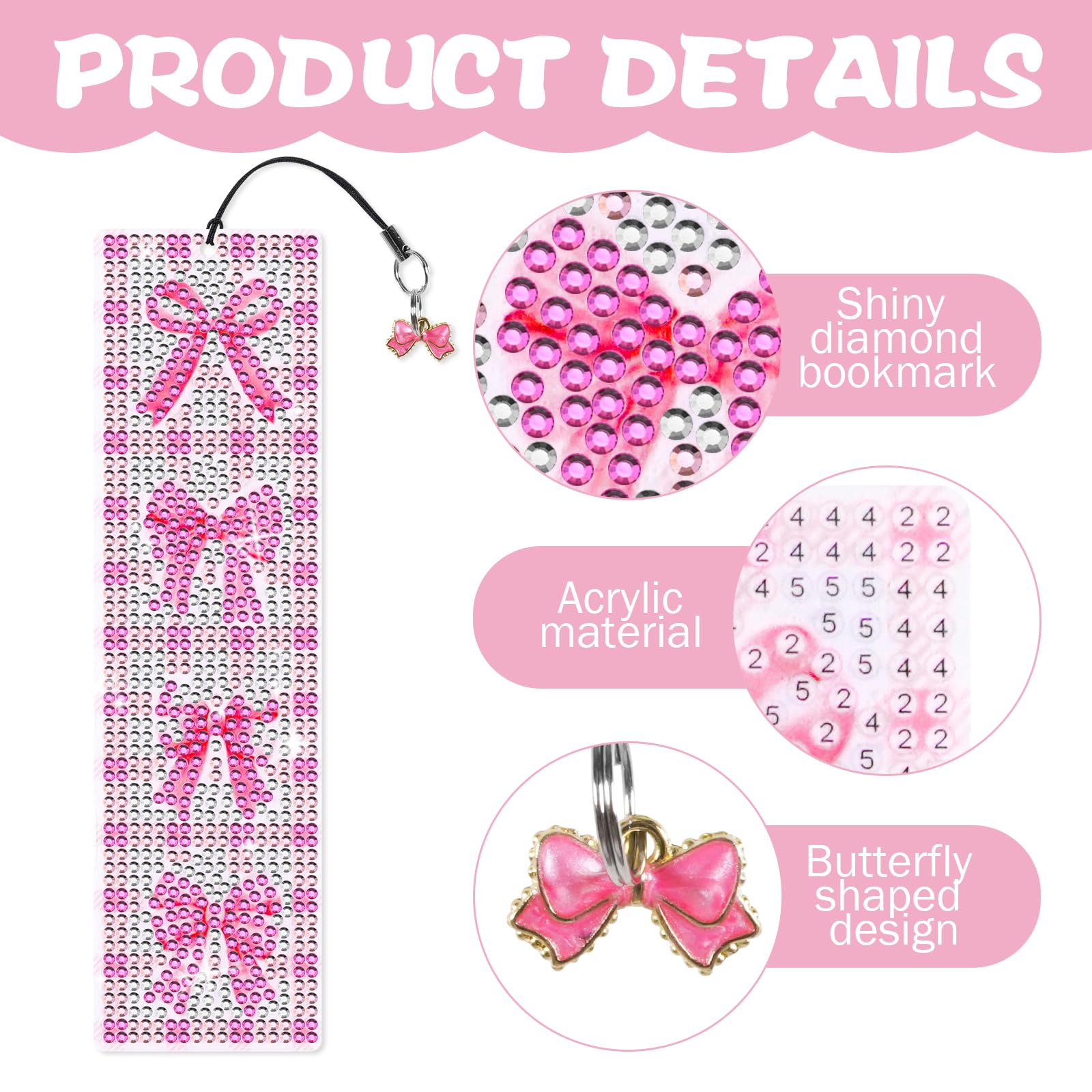 8PCS Pink Bow Diamond Art Bookmarks,5D Pink Bow Acrylic Bookmark, Tassel Bookmark DIY Making Beginner Children Adult Craft Supplies - Image 3