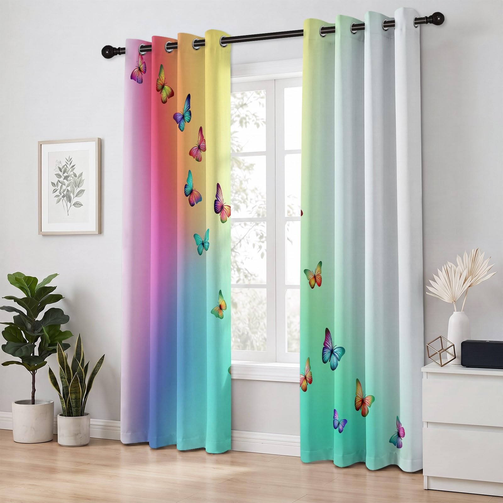 Générique Rideau Dégradé Arc en Ciel, 100% Occultant Thermique Oeillets Lot de 2 140Lx180H cm, Rideaux Aquarelle Papillon Chambre Fille Occultant et Réduction du Bruit Thermique pour Salon et Chambre
