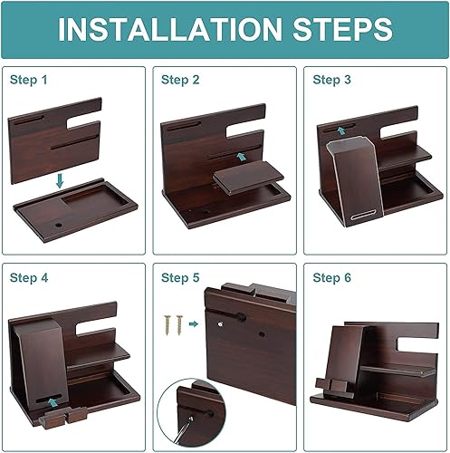 Miniatura 8 de ZORMY Estación de acoplamiento de madera para teléfono, mesita de noche y organizador de relojes, cartera de ceniza, soporte de noche de madera para