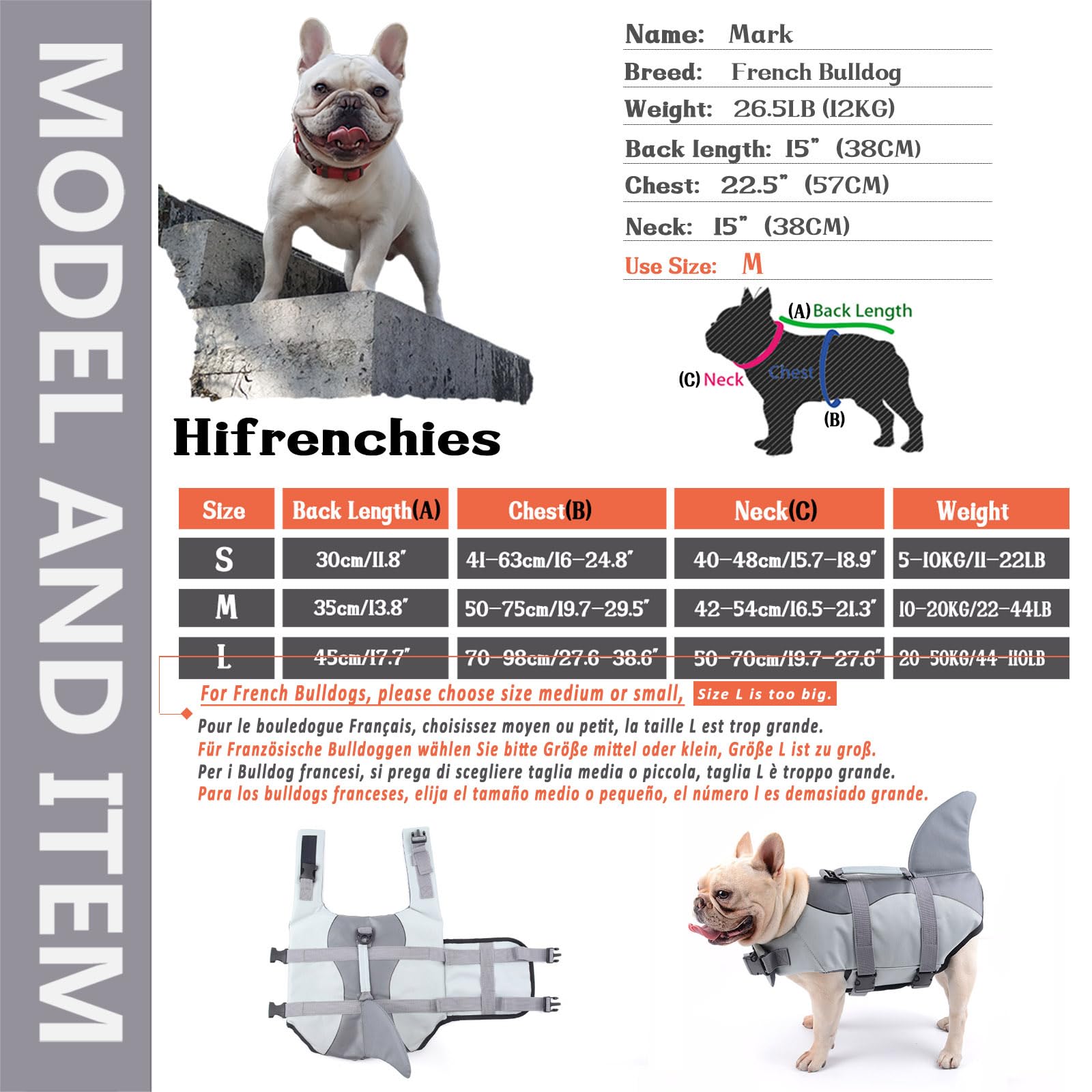 Gilet de sauvetage pour chien taille M requin bouledogue français carlin