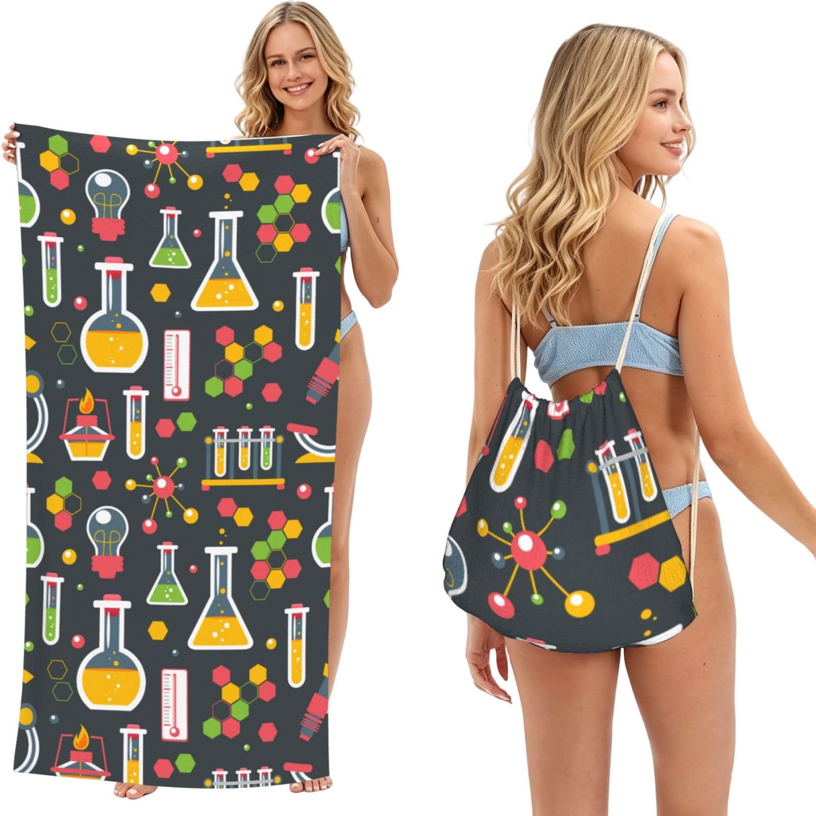 Poadnly As Picture Chemistry Science, 2 In 1 Packable Towel Bag, Beach Towels With Drawstring Backpack For Travel Holiday Camping
