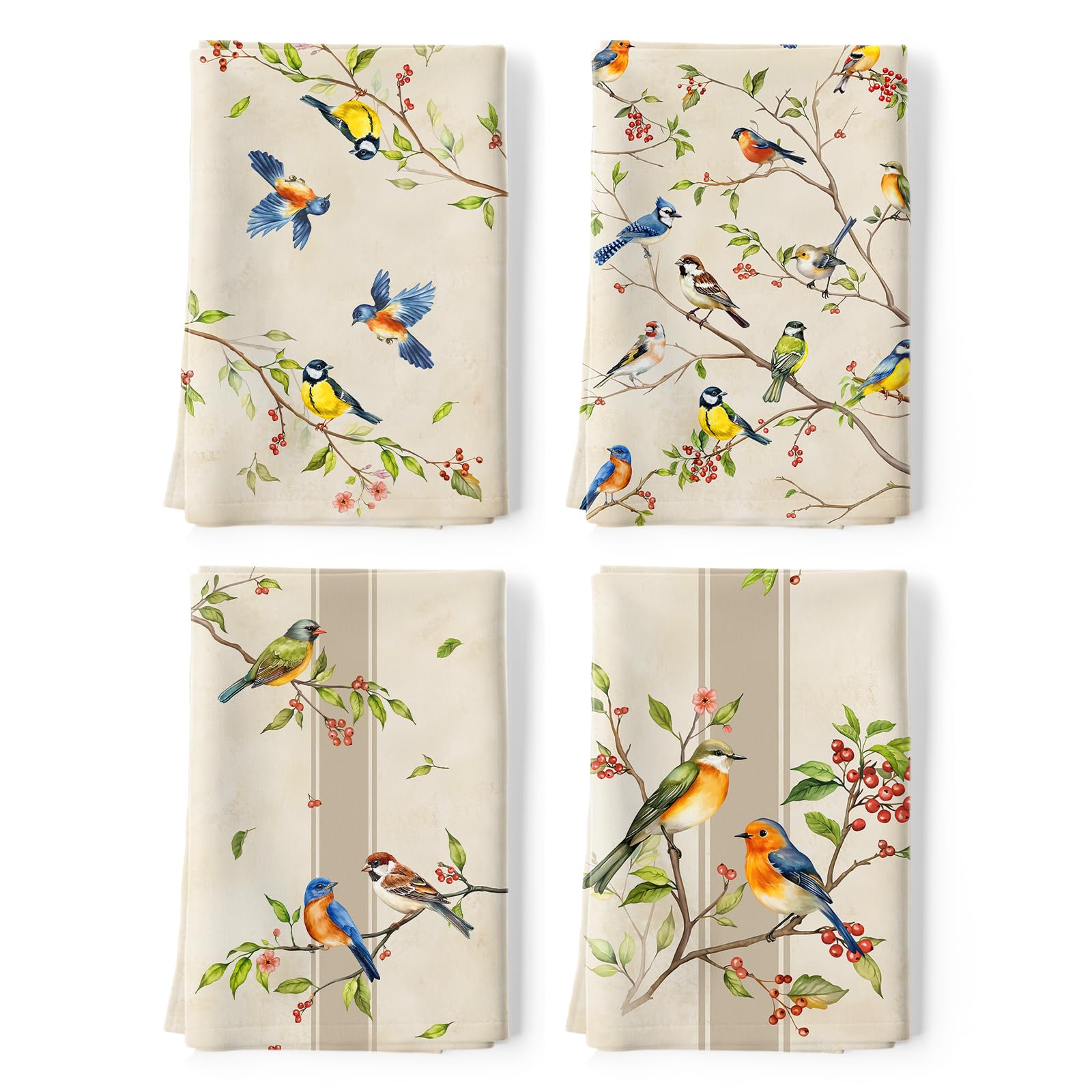 Arquiel Bird Branch Tea Towels 100% Cotton Quick Dry Retro Kitchen Towels, 48 x 70 cm Absorbent Dish Cloth for Kitchen Home Decor, Housewarming, Birthday Gifts for Women, Set of 4