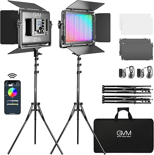 GVM - Luz de video LED RGB de 1300D, kit de iluminación de video de 65 W con control Bluetooth, 25000 lux1.6 ft, 2 paquetes de luz LED para estudio