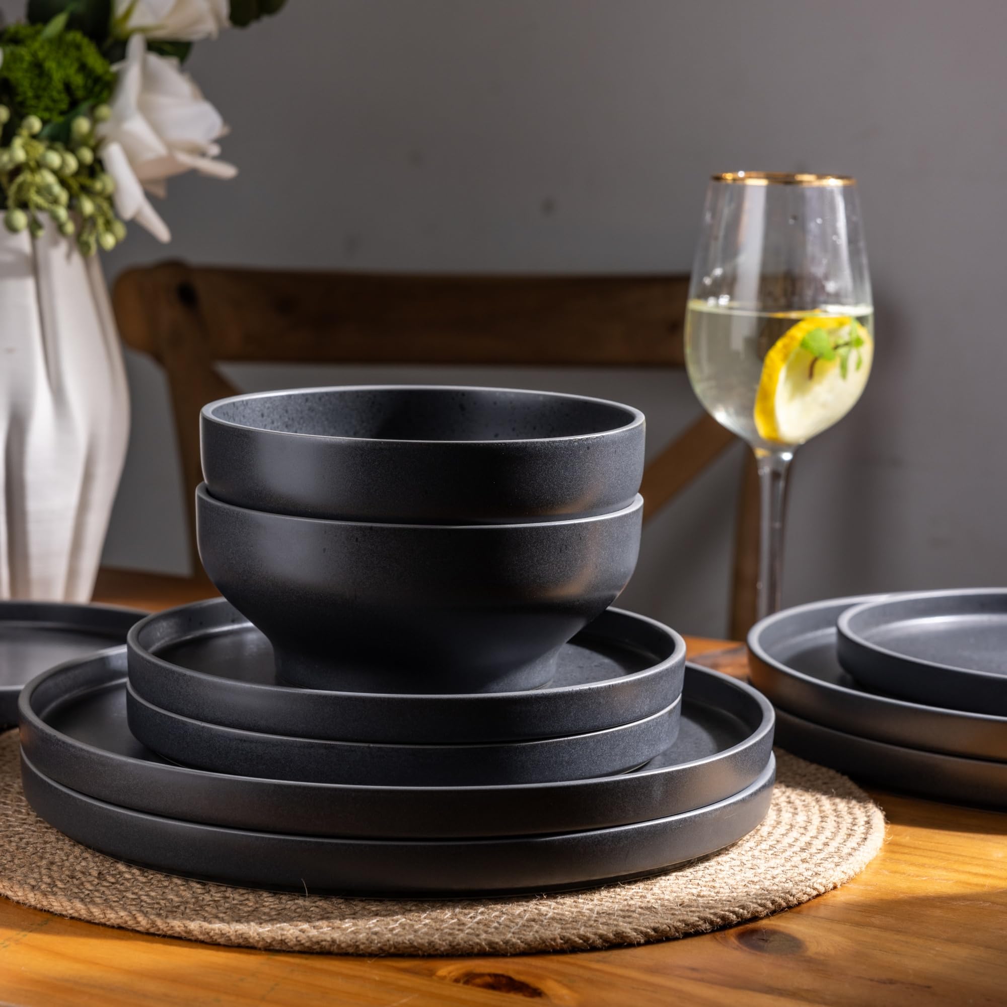 Ceramic Dinnerware Sets of 4, High Edge Stoneware Plates and Bowls Set