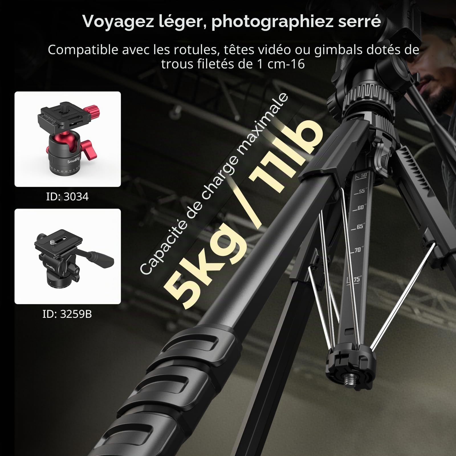 SMALLRIG Trépied pour Appareil Photo AP-21 71" (180 cm), Trépied de Voyage pour iPhone, pour Canon, pour Nikon, avec Clip pour Téléphone, avec Pieds à Verrouillage Rapide, Charge Max 5 kg - 5351